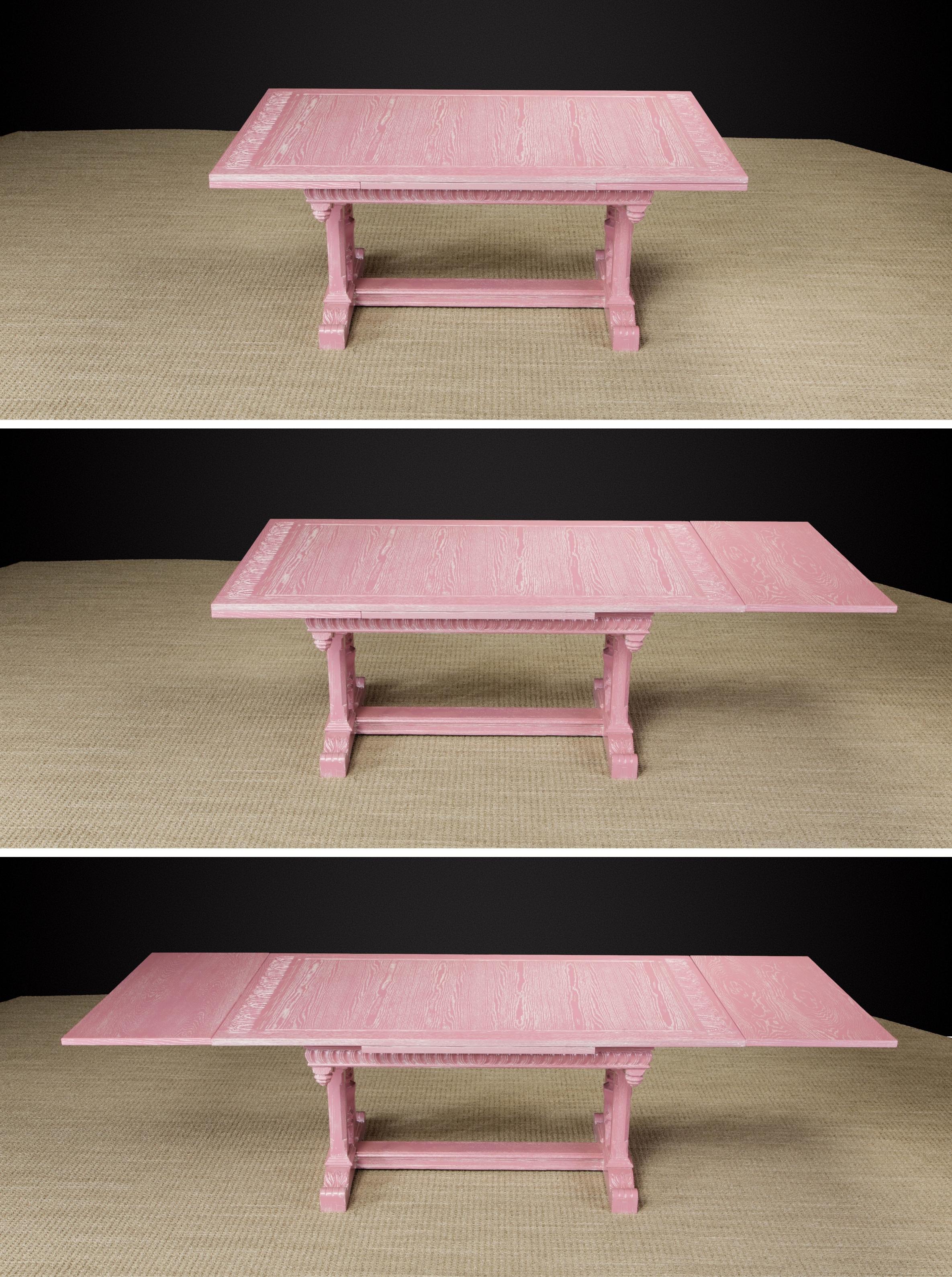 20th Century Jacobean Revival Carved Oak Dining Set Restored in Cerused Pink, circa 1930s