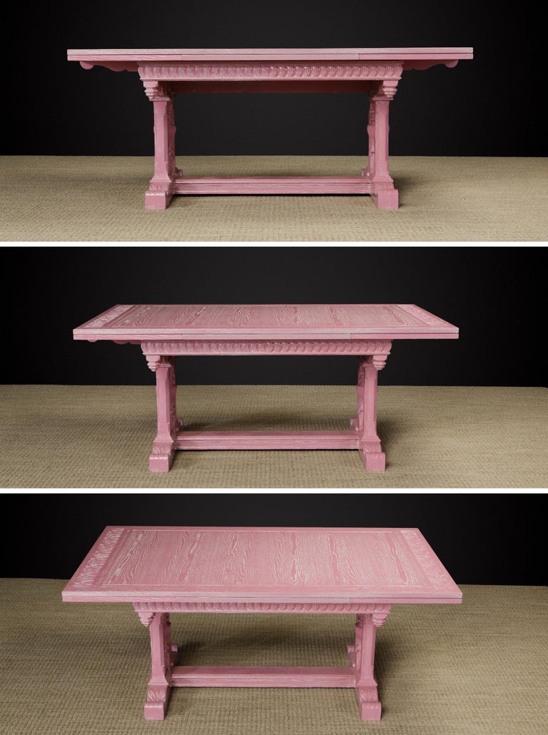 Jacobean Revival Carved Oak Dining Set Restored in Cerused Pink, circa
