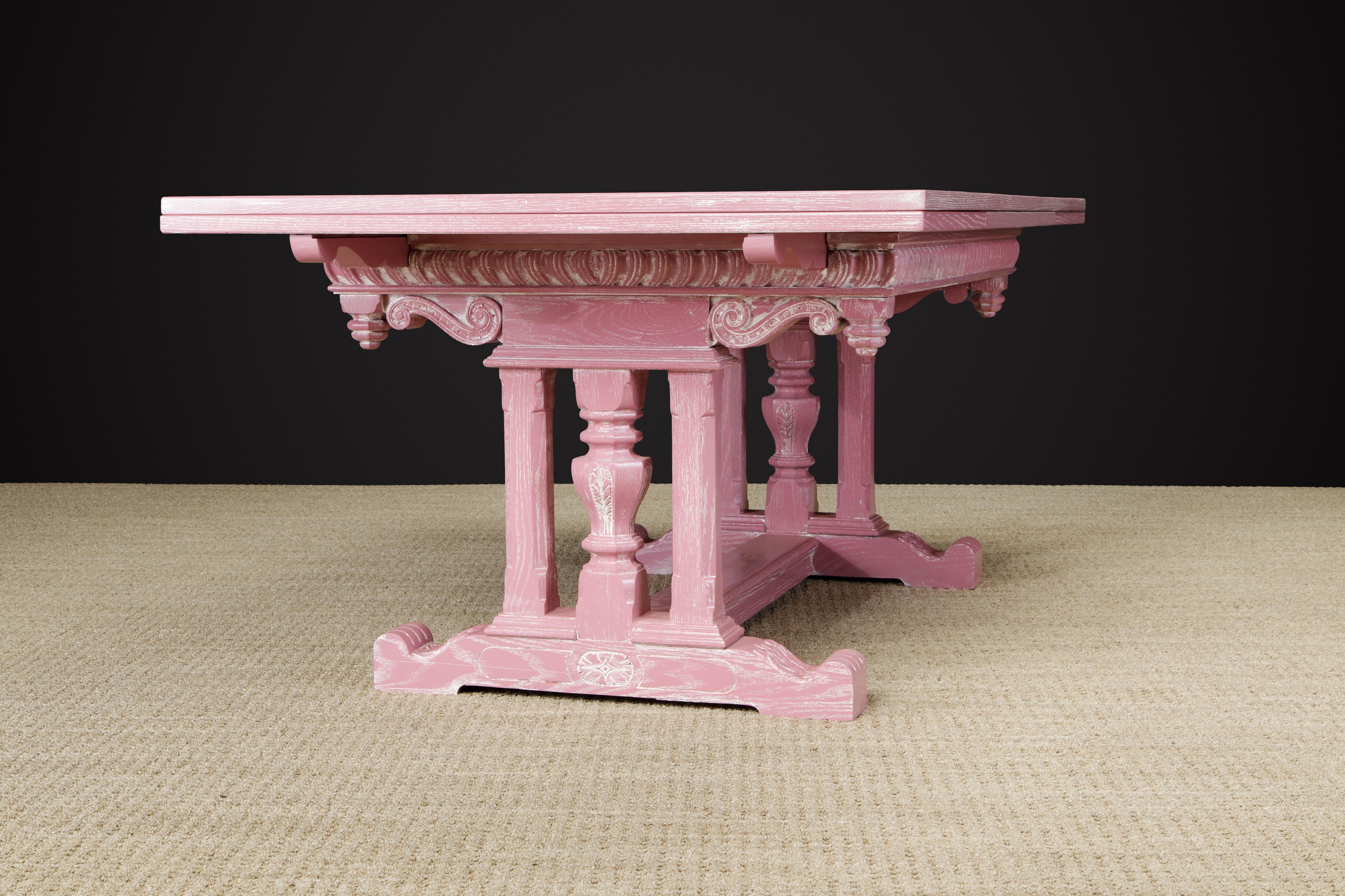 Jacobean Revival Carved Oak Dining Set Restored in Cerused Pink, circa 1930s 2