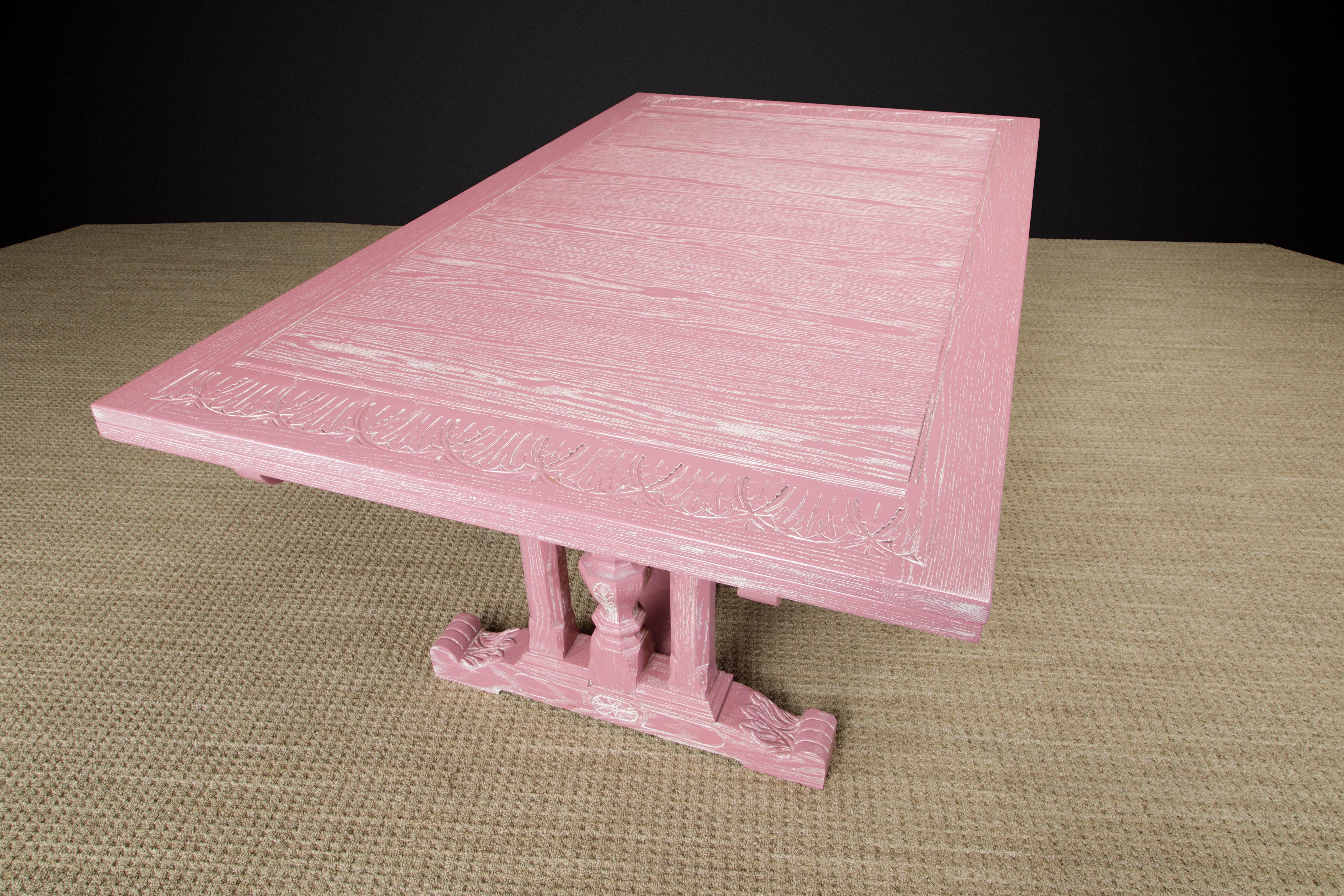 Jacobean Revival Carved Oak Dining Set Restored in Cerused Pink, circa 1930s 3