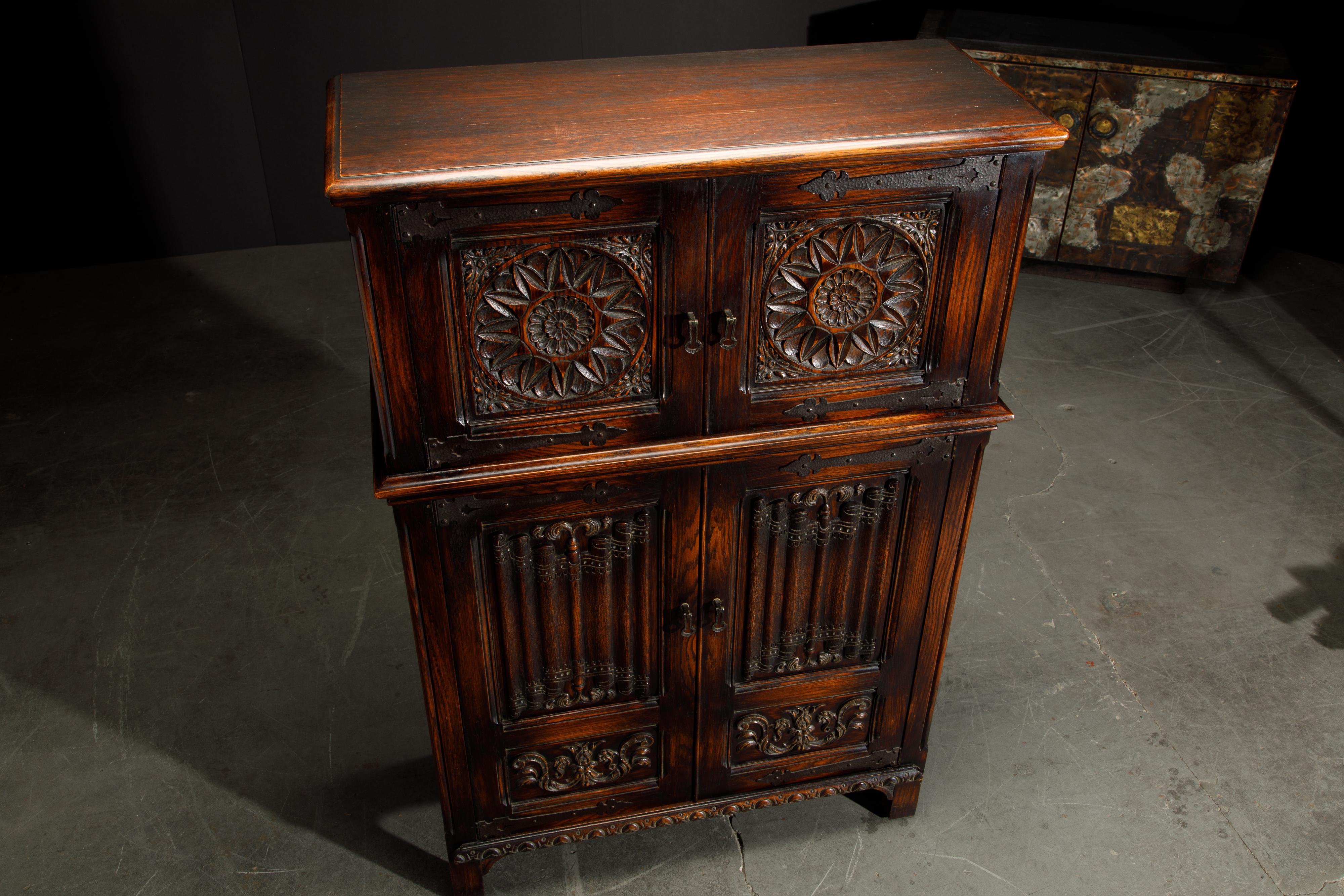 Jacobean Revival Carved Oak Highboy Cabinet 5