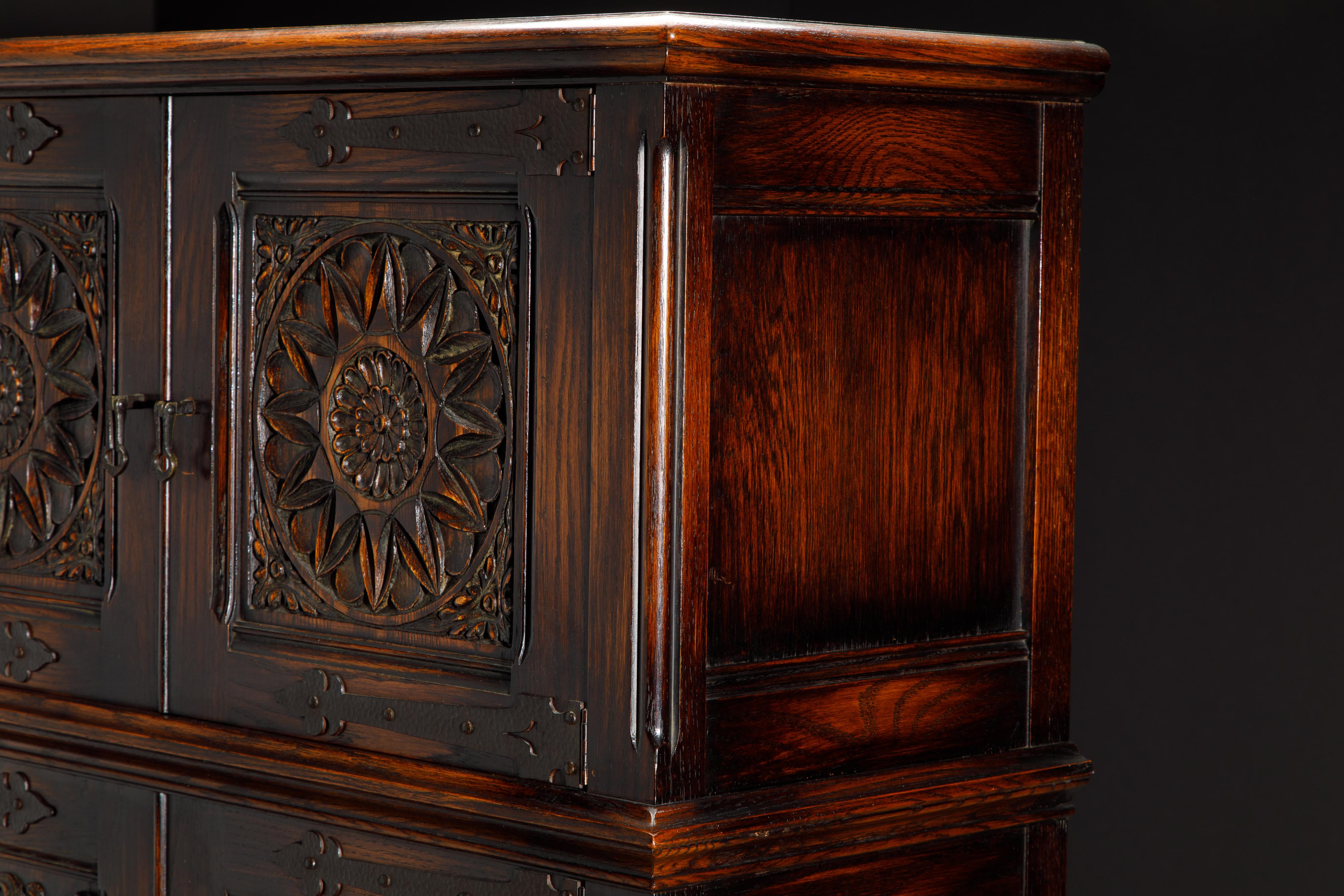 Jacobean Revival Carved Oak Highboy Cabinet 6