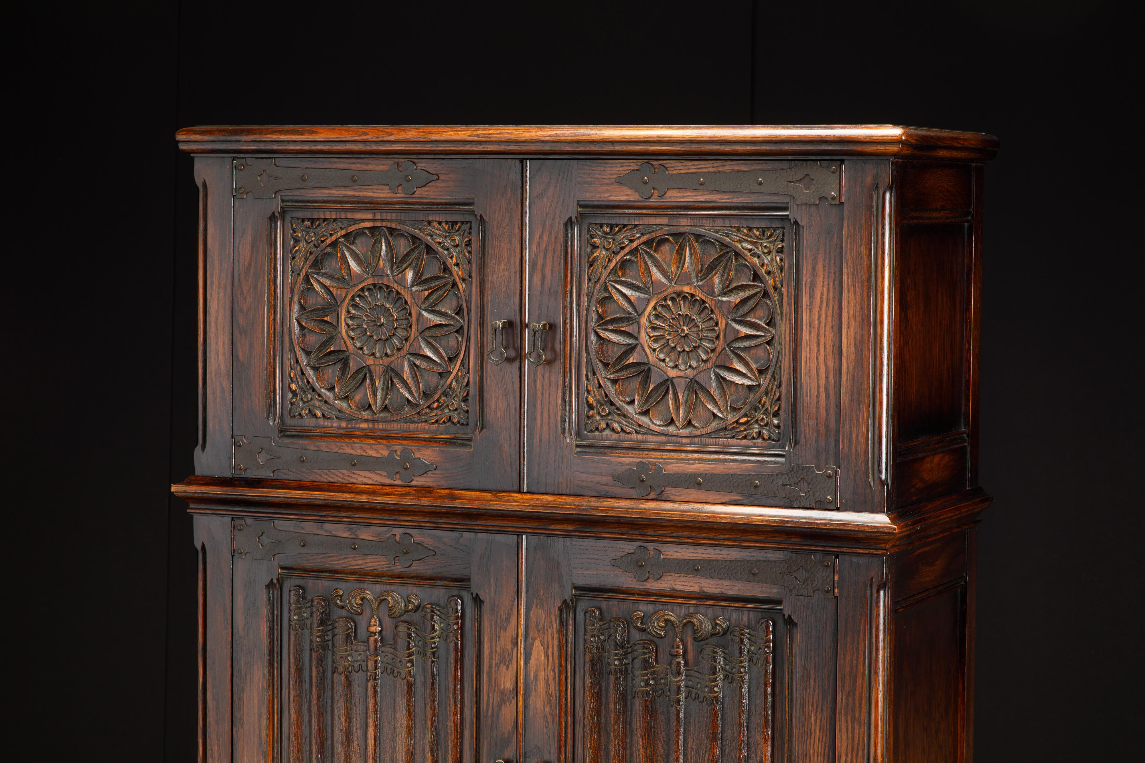 Jacobean Revival Carved Oak Highboy Cabinet 7