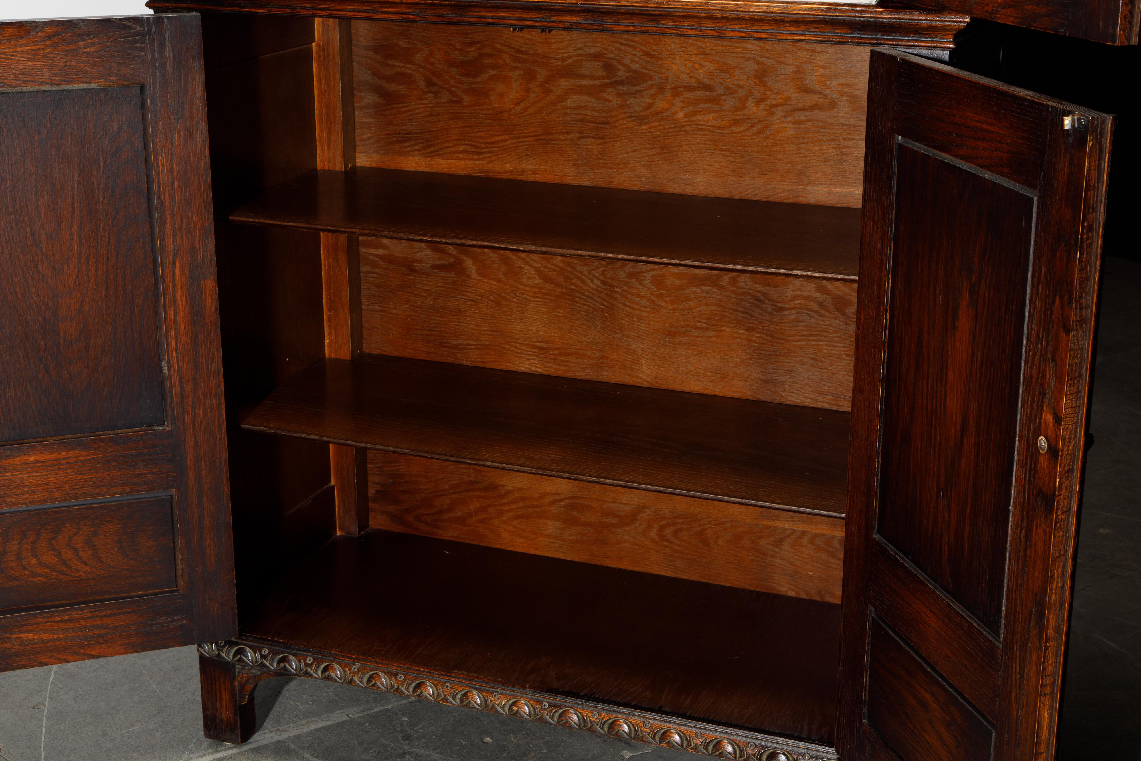 20th Century Jacobean Revival Carved Oak Highboy Cabinet