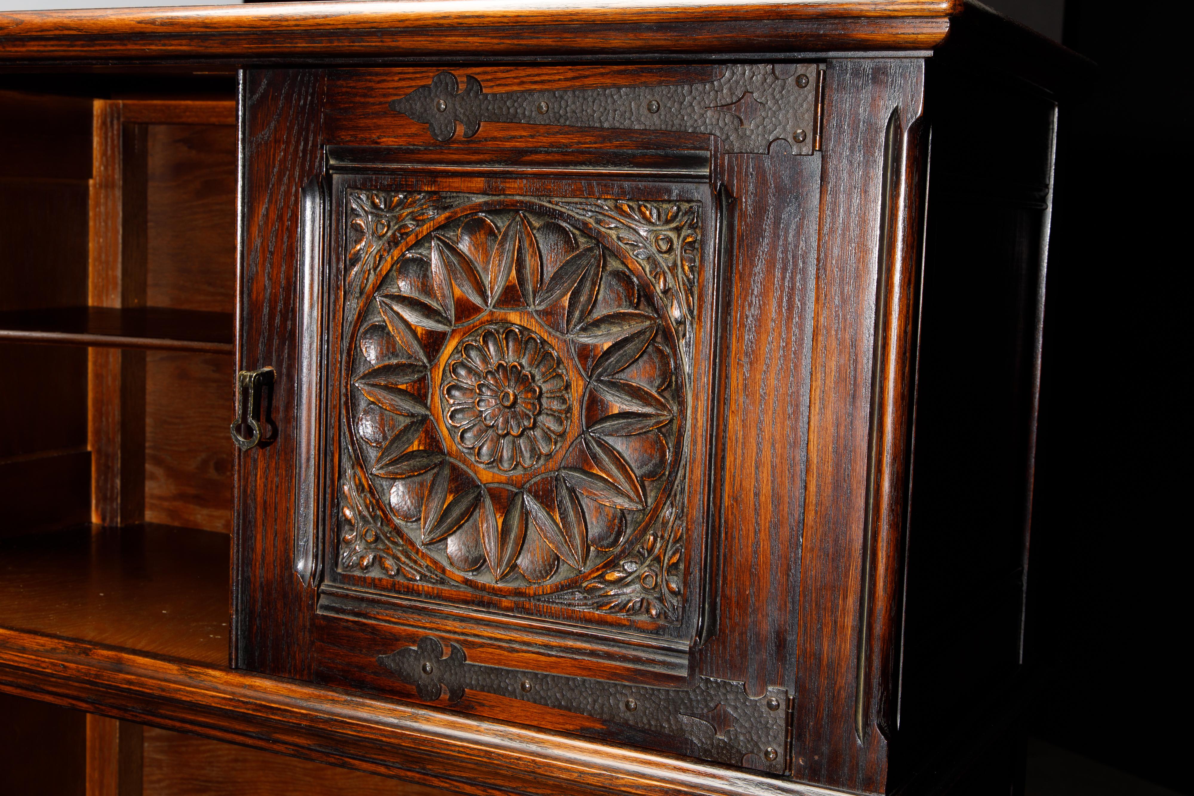 Metal Jacobean Revival Carved Oak Highboy Cabinet