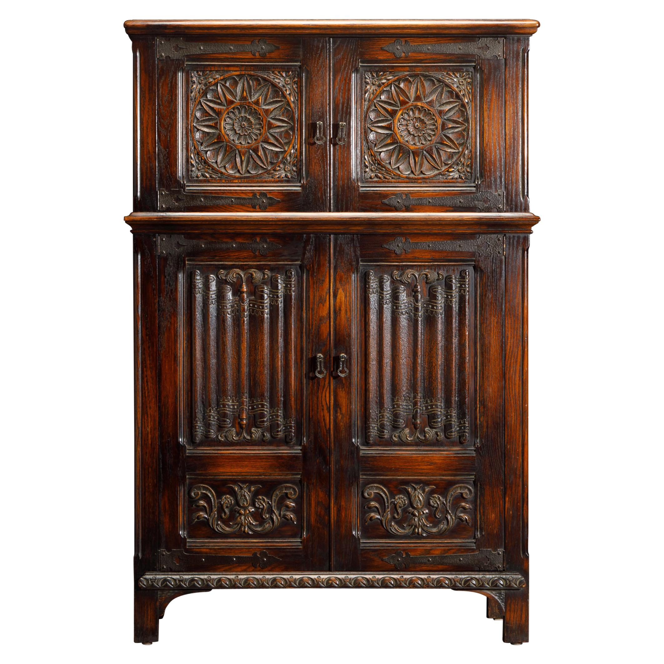 Jacobean Revival Carved Oak Highboy Cabinet