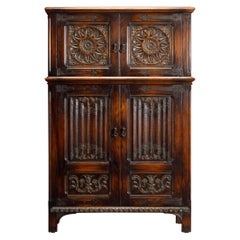 Vintage Jacobean Revival Carved Oak Highboy Cabinet