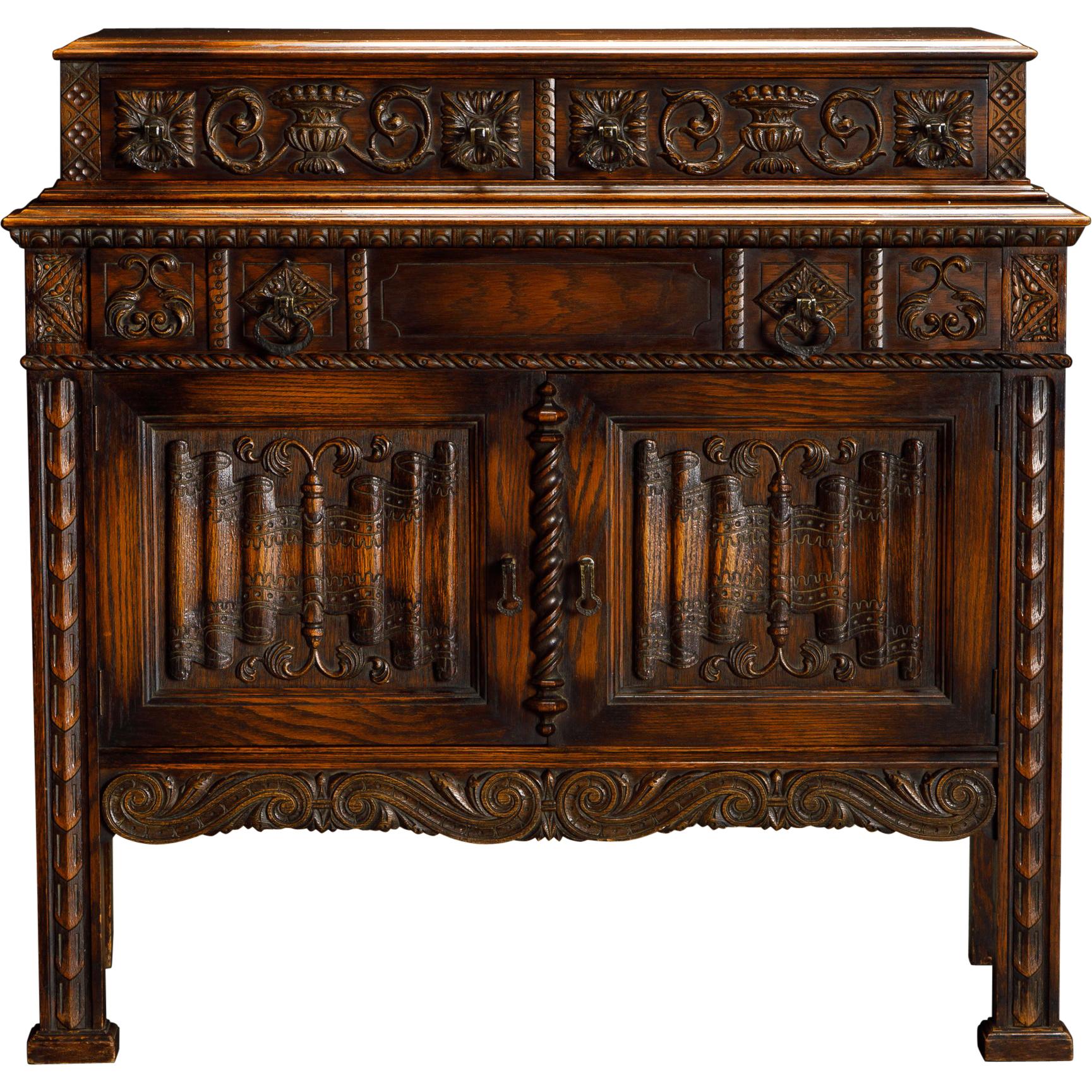 A gutsy Jacobean revival carved oak server table from England c.1840 at 1stDibs