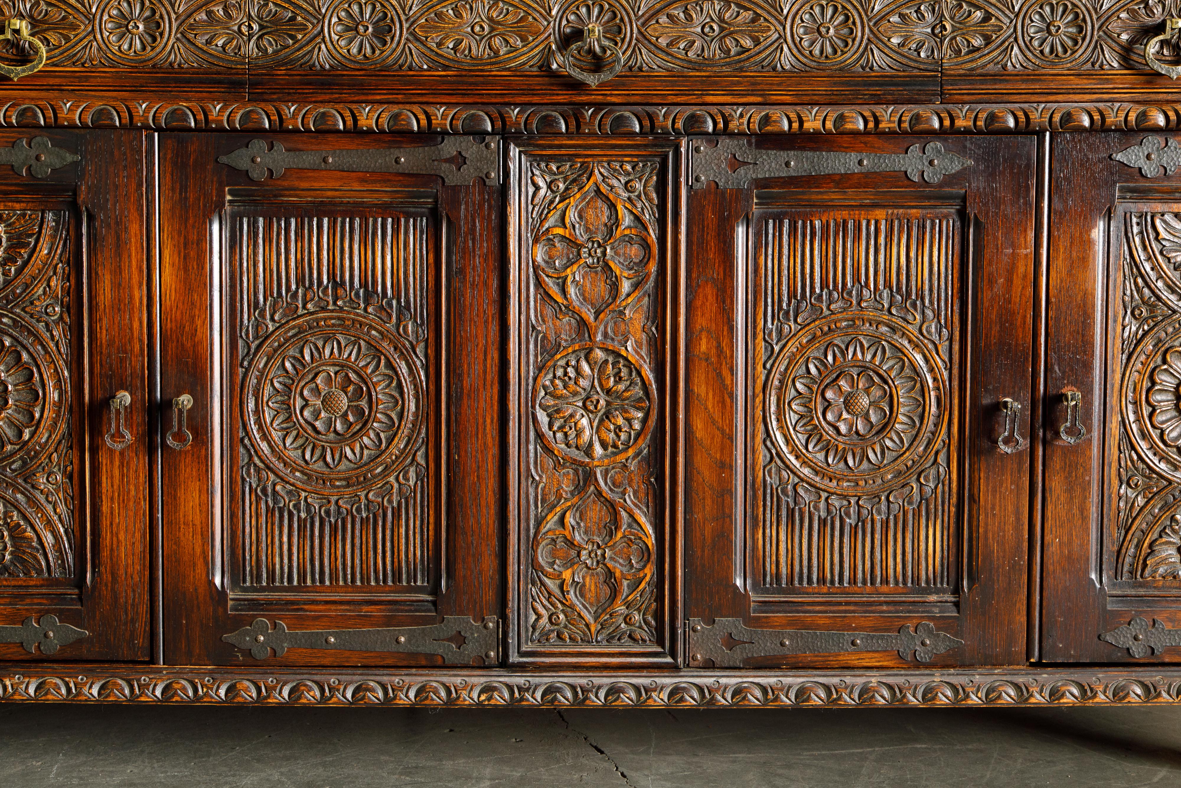 Jacobean Revival Carved Oak Sideboard Credenza 7