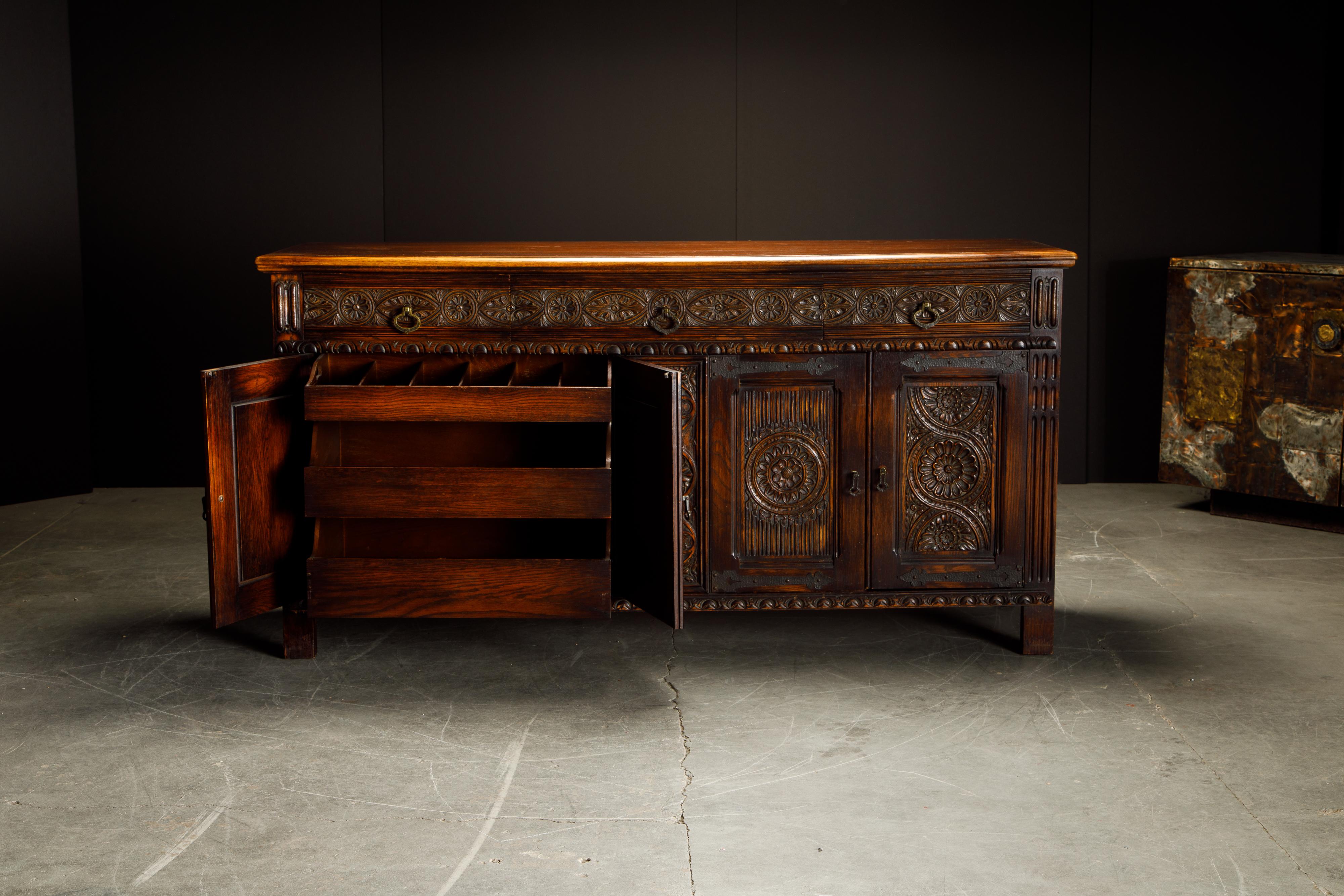 Jacobean Revival Carved Oak Sideboard Credenza In Fair Condition In Los Angeles, CA