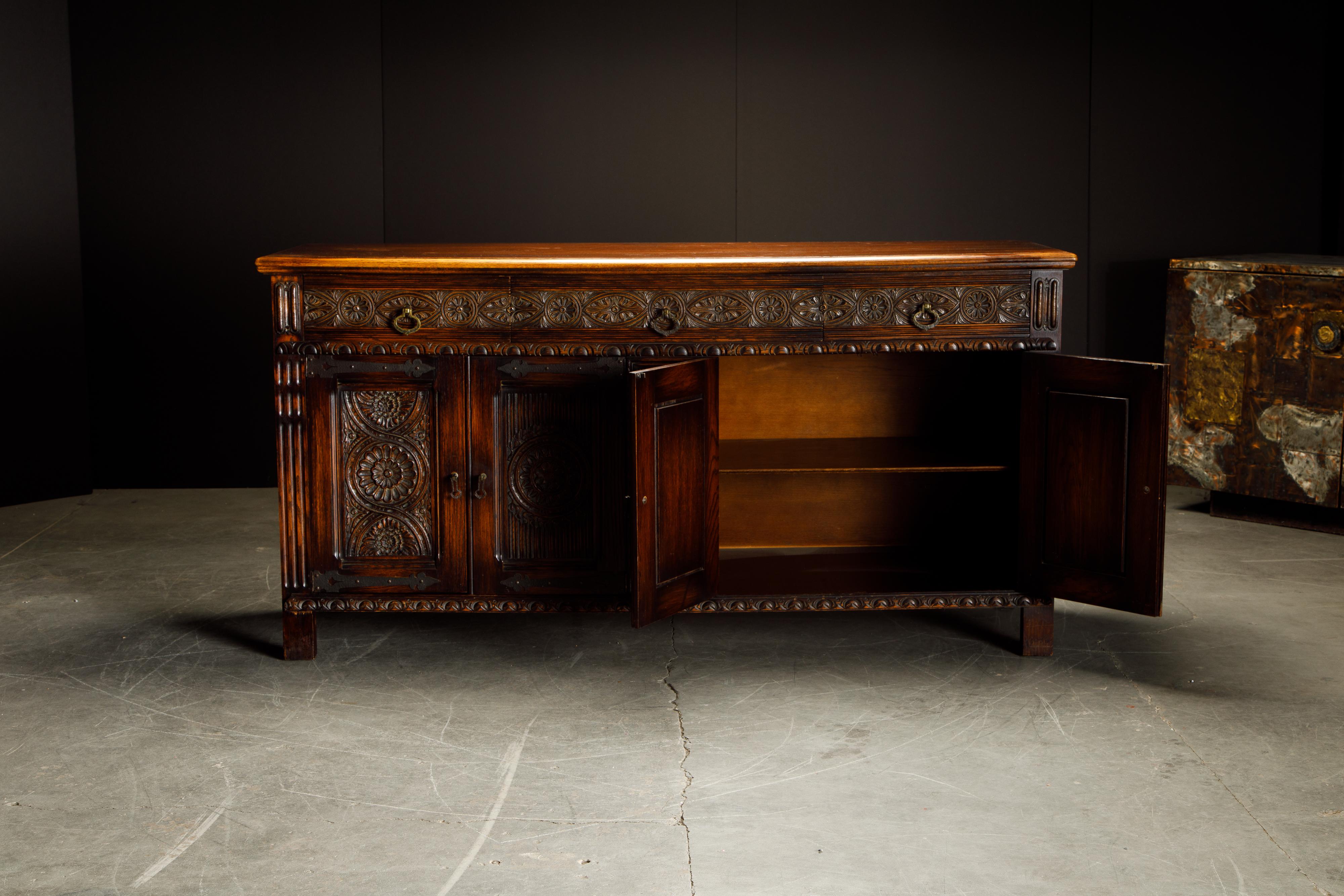 20th Century Jacobean Revival Carved Oak Sideboard Credenza