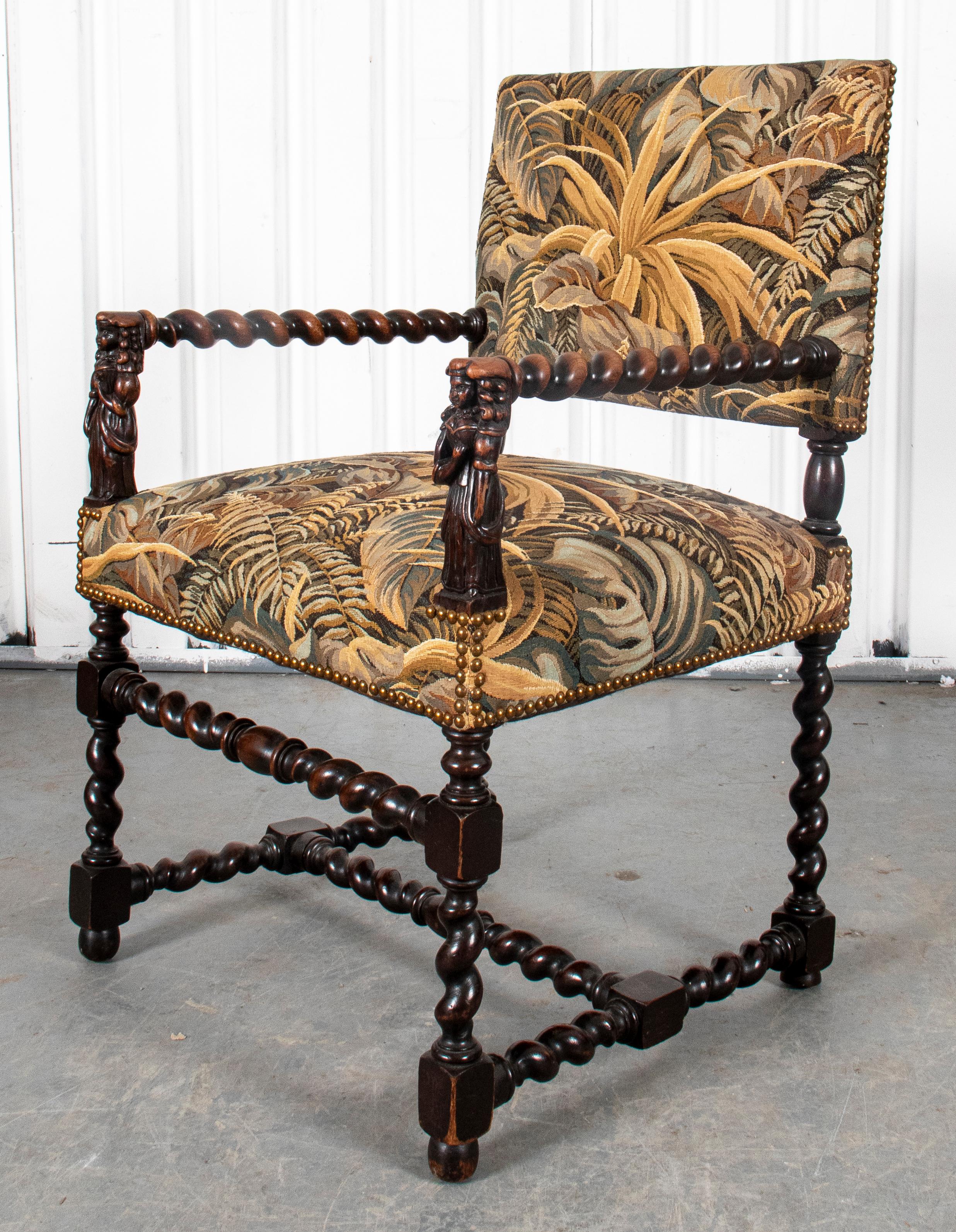 Tapestry Jacobean Revival Carved Wood Armchair