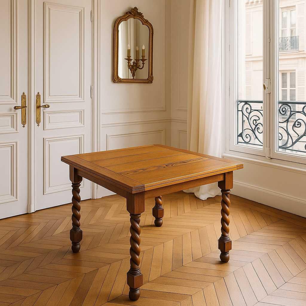 A handsome draw-leaf dining table in the Jacobean Revival style, crafted from solid oak and supported by sculptural barley twist legs. This early 20th-century piece offers expandable functionality with leaves that effortlessly glide from beneath the