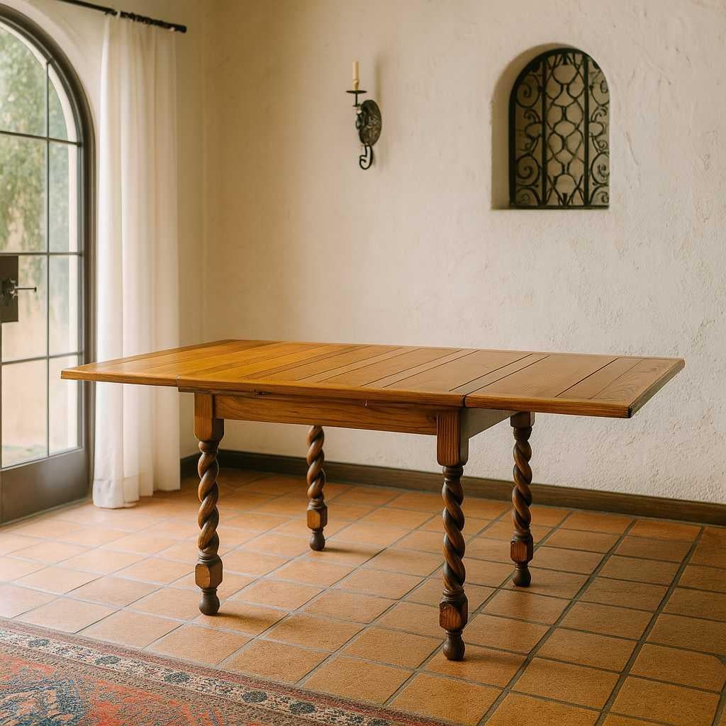English Jacobean Revival Draw-Leaf Dining Table, Barley Twist Legs, Solid Oak, England For Sale