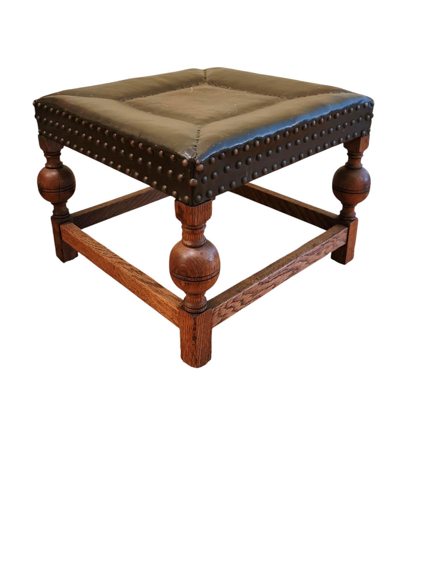 Jacobean Revival Leather Footstool, Late 19th to Early 20th Century For Sale 1