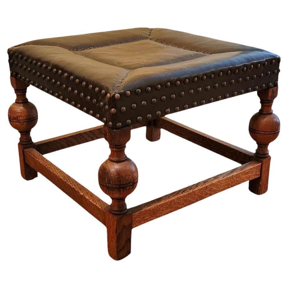 Jacobean Revival Leather Footstool, Late 19th to Early 20th Century For Sale