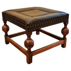 Jacobean Revival Leather Footstool, Late 19th to Early 20th Century
