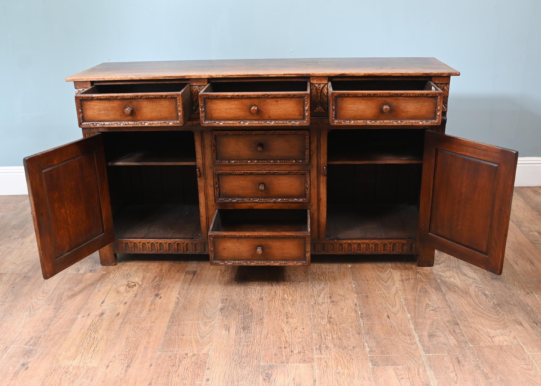 Jacobean Revival Oak Sideboard Carved Cabinet 6