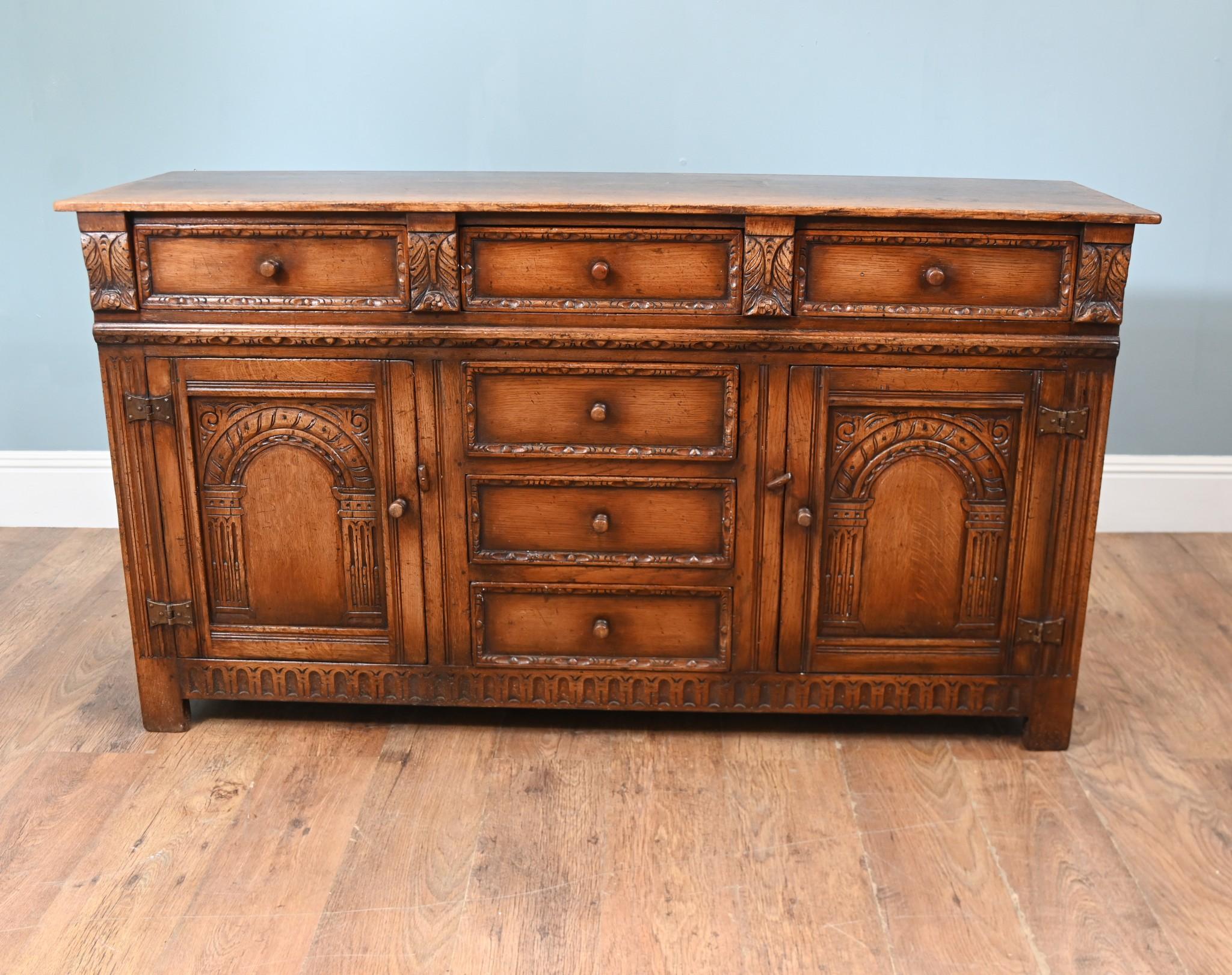 Jacobean Revival Oak Sideboard Carved Cabinet 4