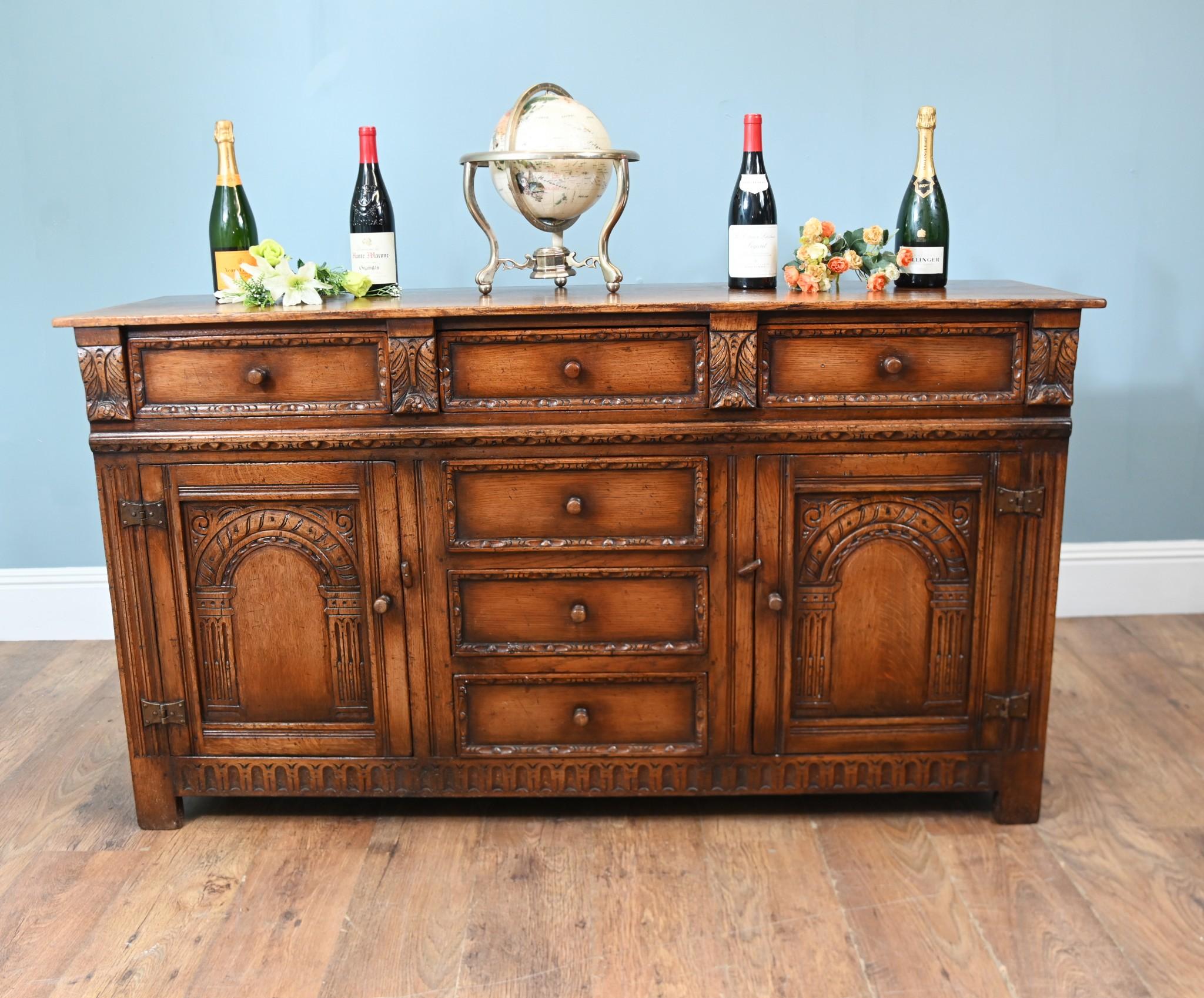 Jacobean Revival Oak Sideboard Carved Cabinet 5