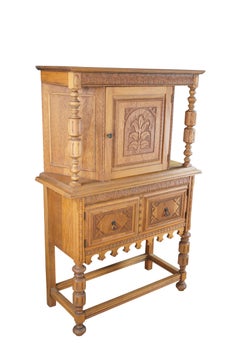 Jacobean Revival Quartersawn Oak Court Cupboard China Cabinet Hutch 59"