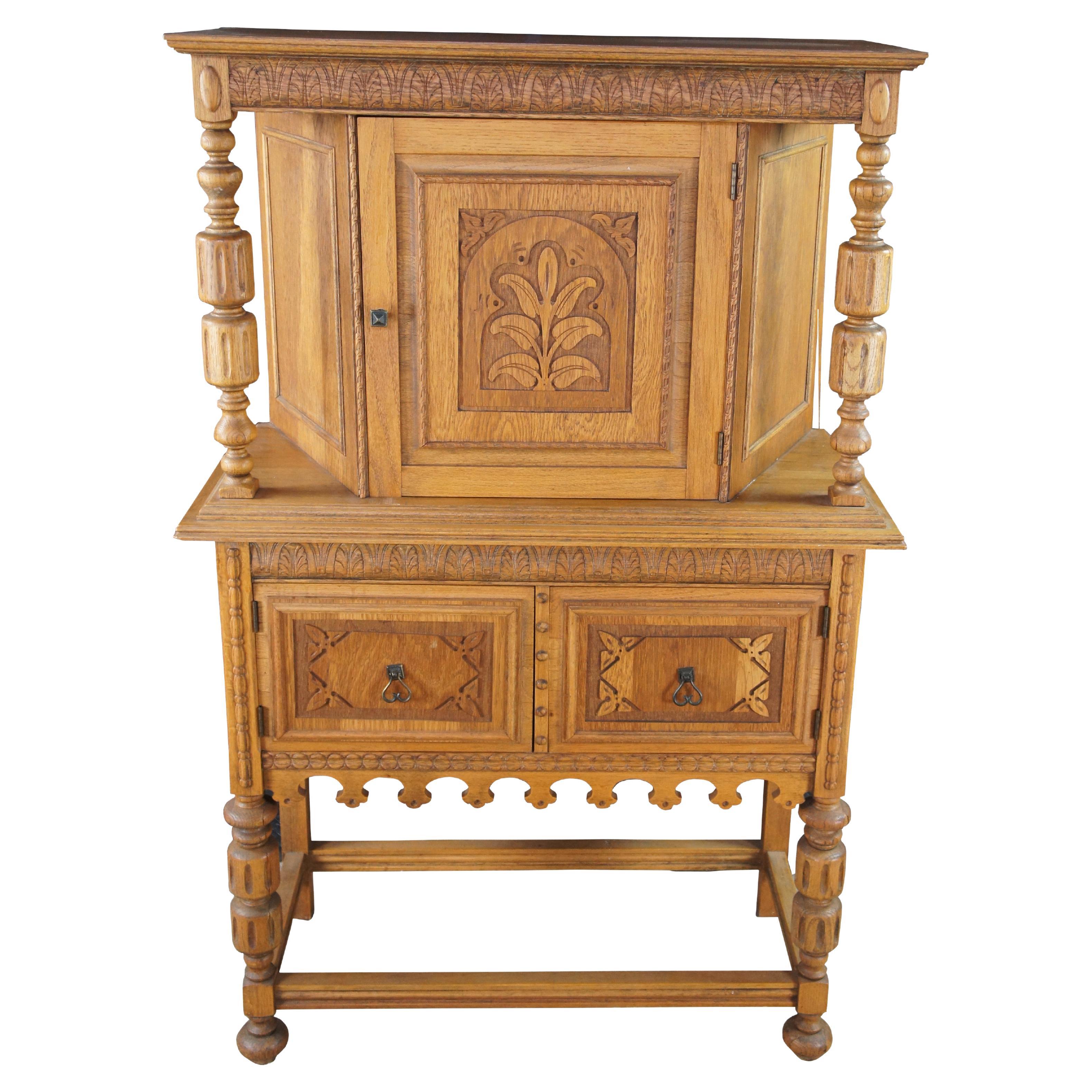 Jacobean Revival Quartersawn Oak Court Cupboard China Cabinet Hutch 59"