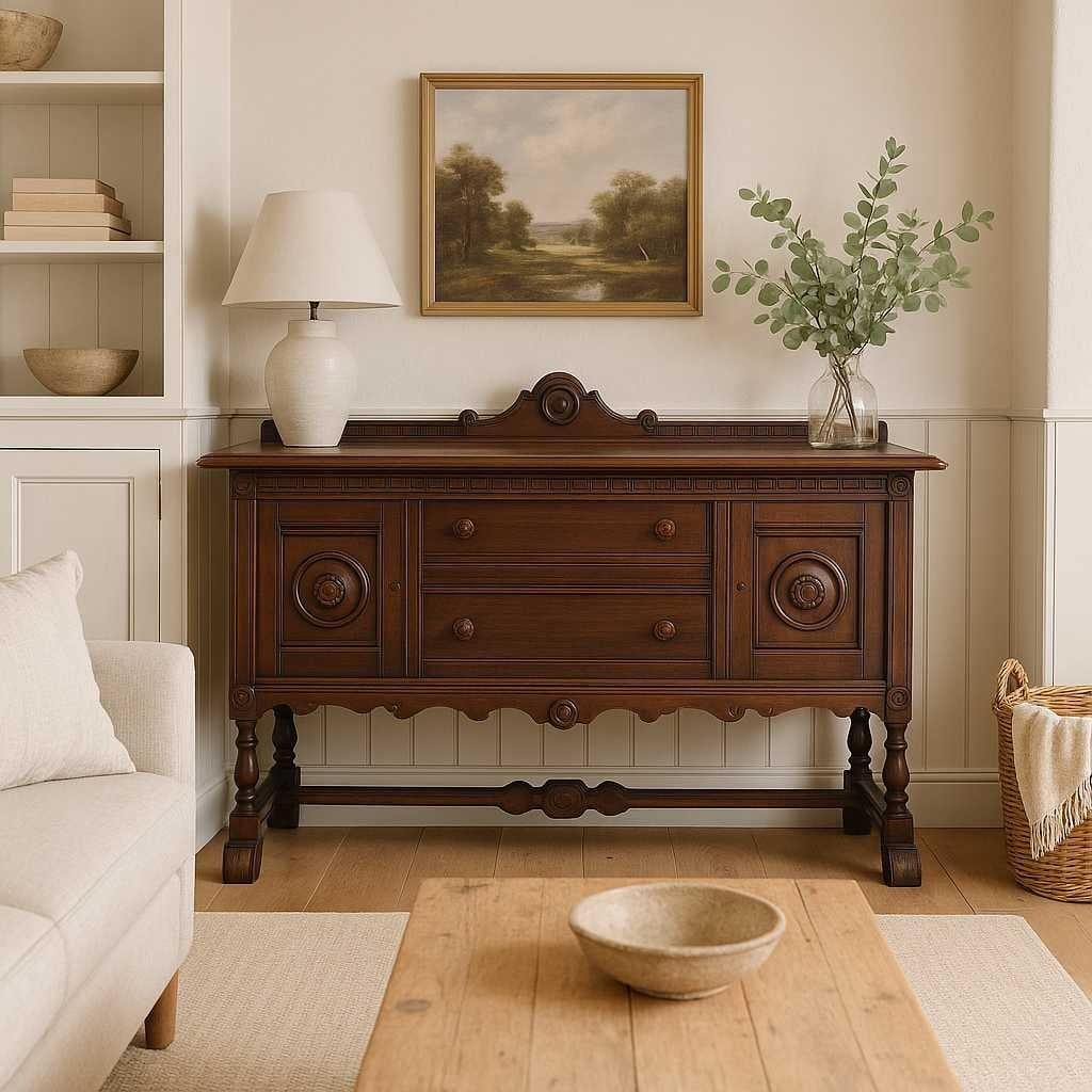 An authentic antique Baker Furniture sideboard, crafted in rich dark wood, featuring exquisite carved details, two side cabinets, and central drawers.

Traditional Antique, showcasing the quality craftsmanship characteristic of Baker