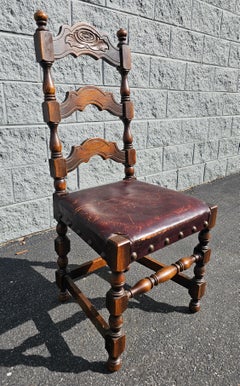 Jacobean Revival Style Leather Upholstered Oak Side Chair, 19th-20th Century