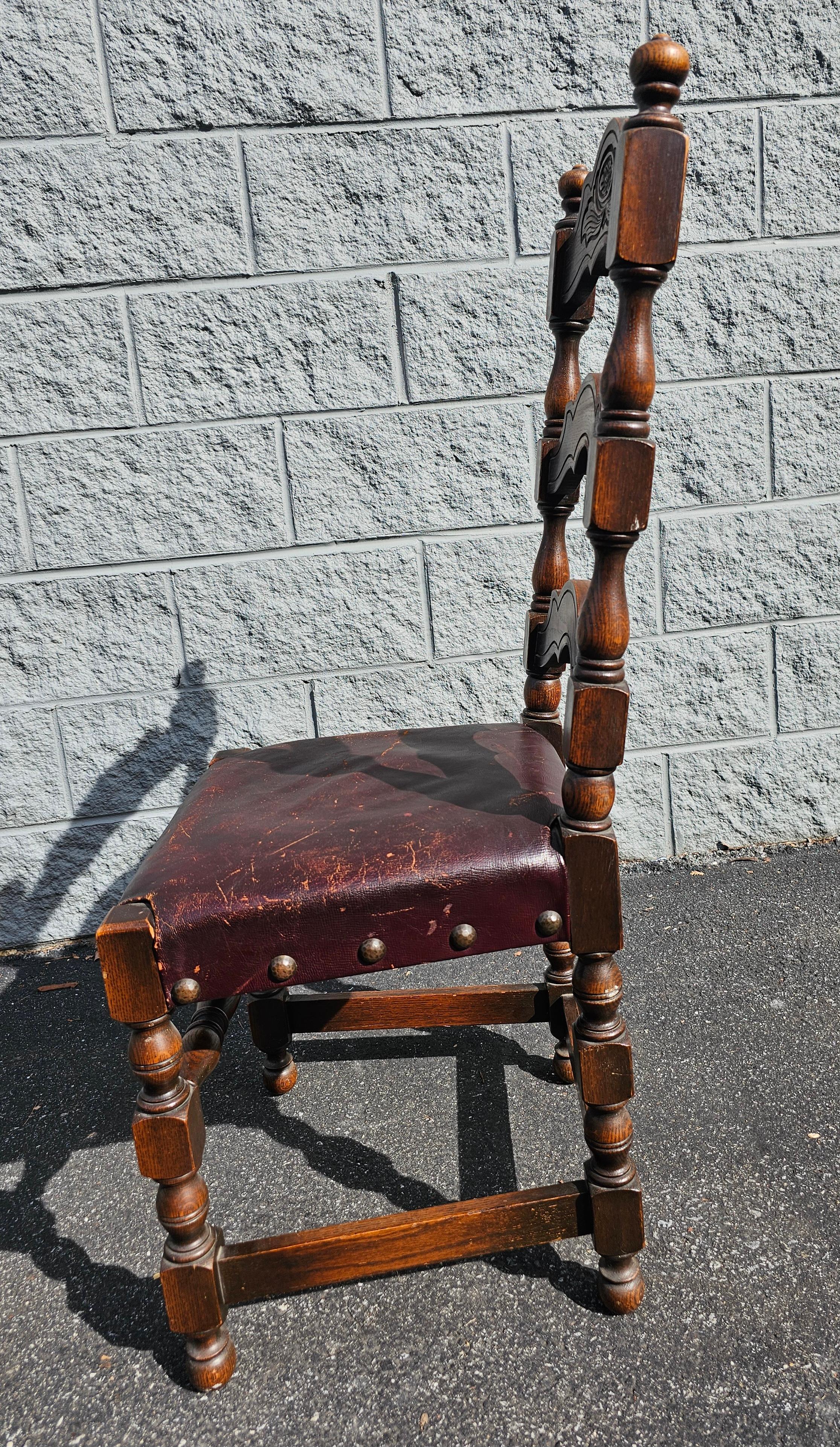 Hand-Crafted Jacobean Revival Style Leather Upholstered Oak Side Chair, 19th-20th Century For Sale