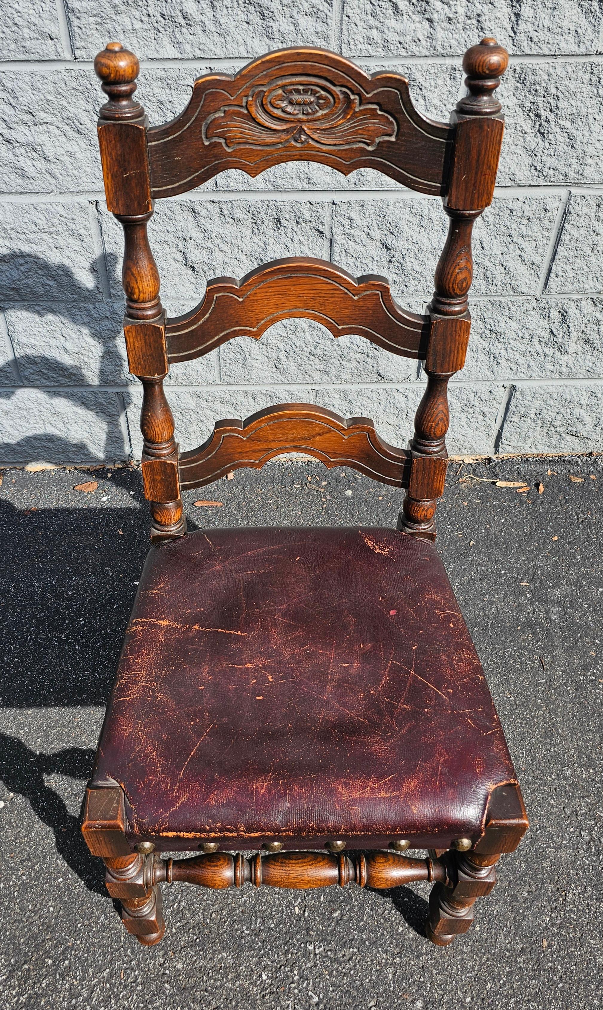 Hand-Crafted Jacobean Revival Style Leather Upholstered Oak Side Chair, 19th-20th Century For Sale