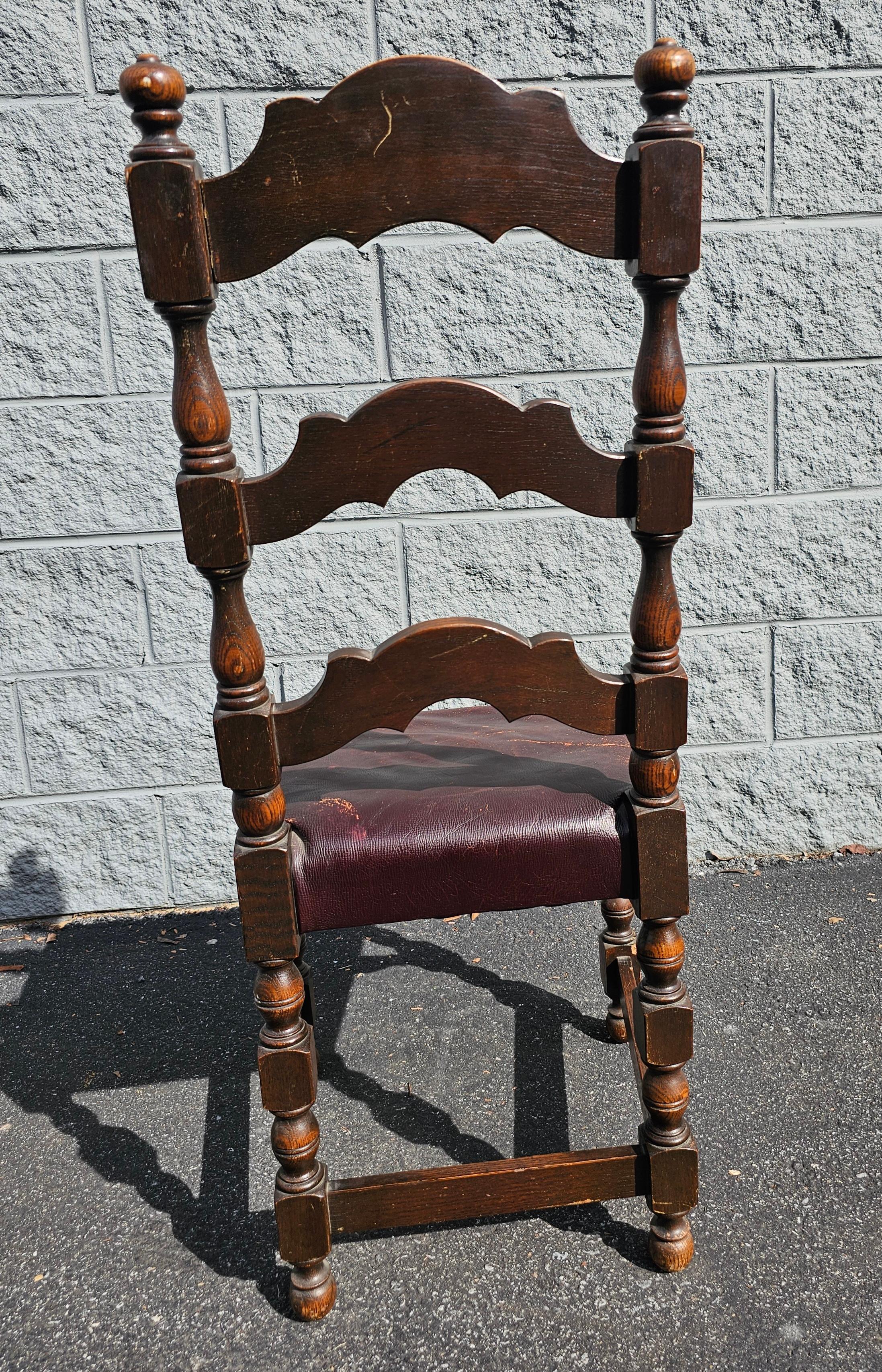 19th Century Jacobean Revival Style Leather Upholstered Oak Side Chair, 19th-20th Century For Sale