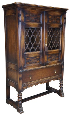 Jacobean Spanish Revival Carved Oak China Hutch Display Cabinet Cupboard