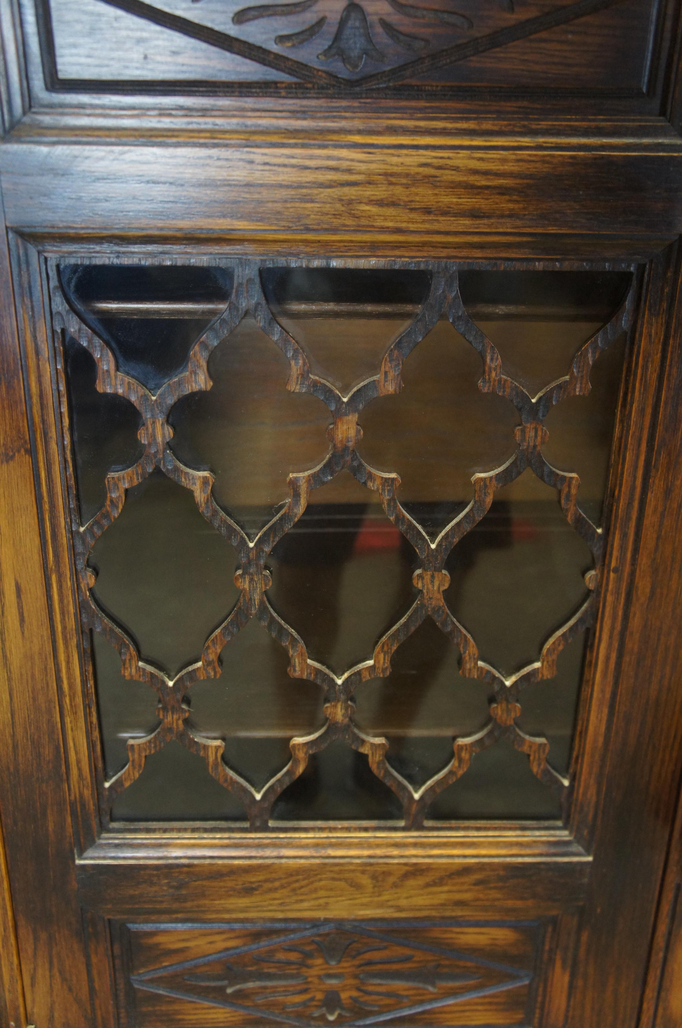 Jacobean Spanish Revival Carved Oak China Hutch Display Cabinet Cupboard 2