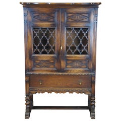 Antique Jacobean Spanish Revival Carved Oak China Hutch Display Cabinet Cupboard