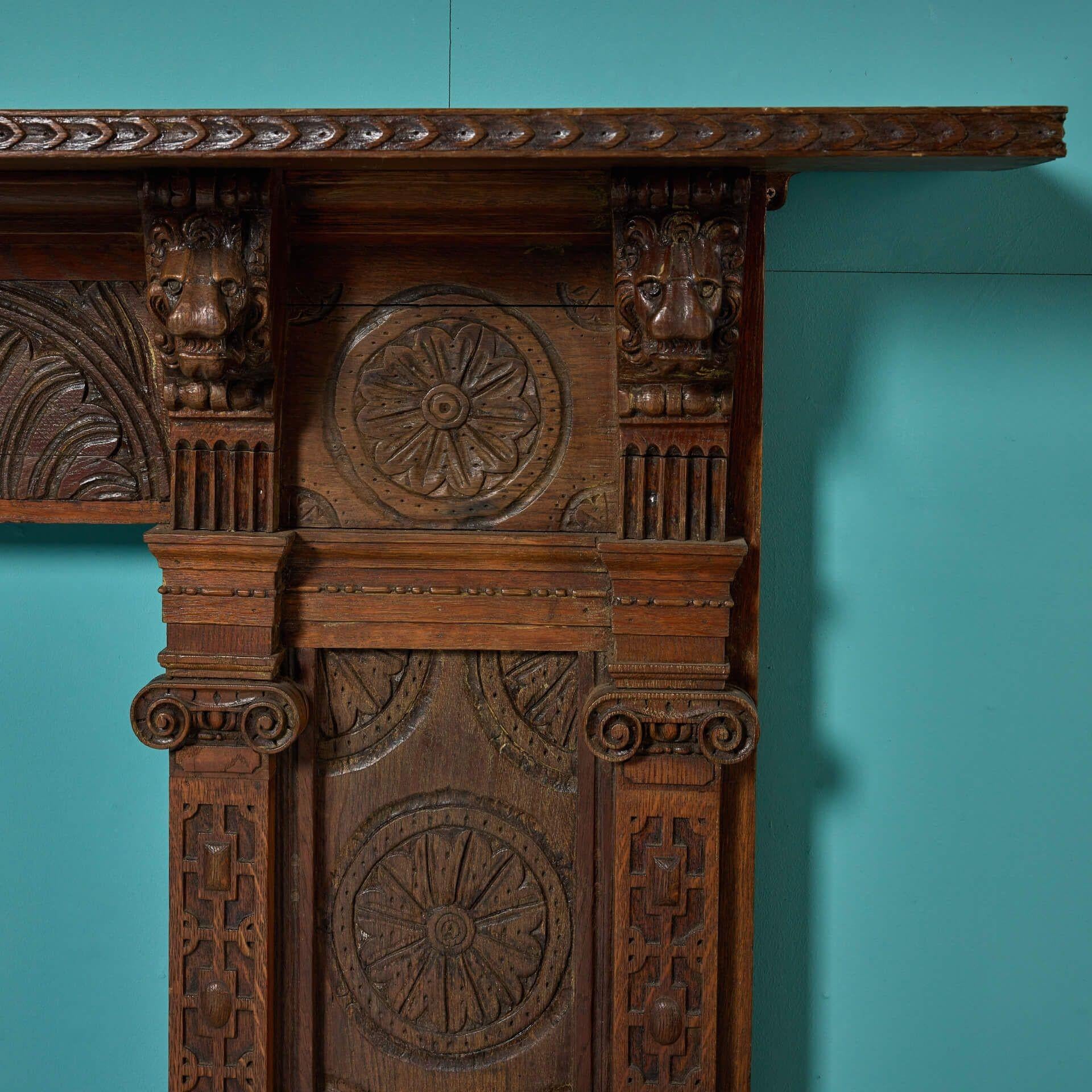 Hand-Carved Jacobean Style Antique Carved Oak Fire Mantel