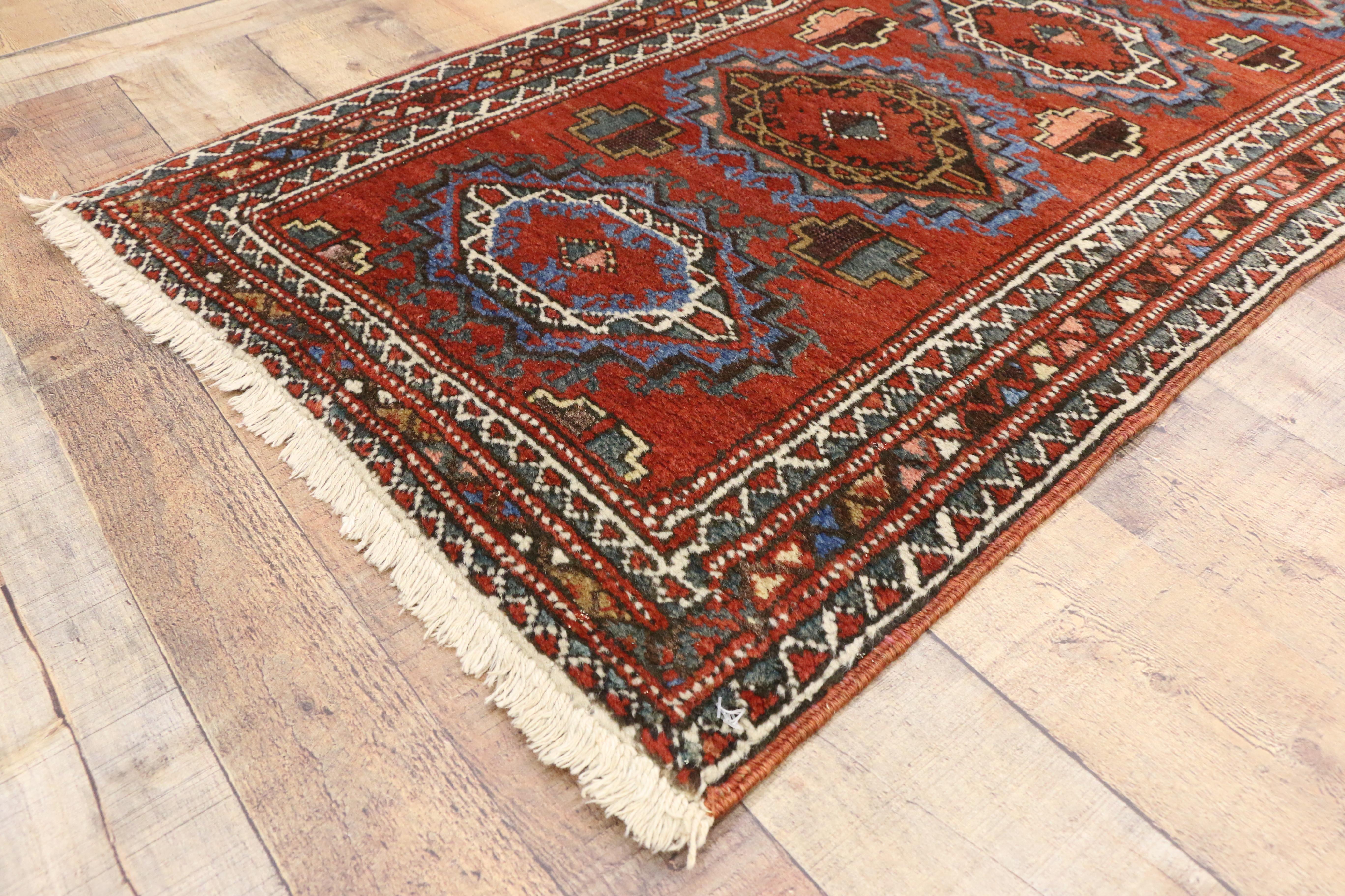 Tribal Jacobean Style Antique Persian Heriz Runner, Narrow Hallway Runner
