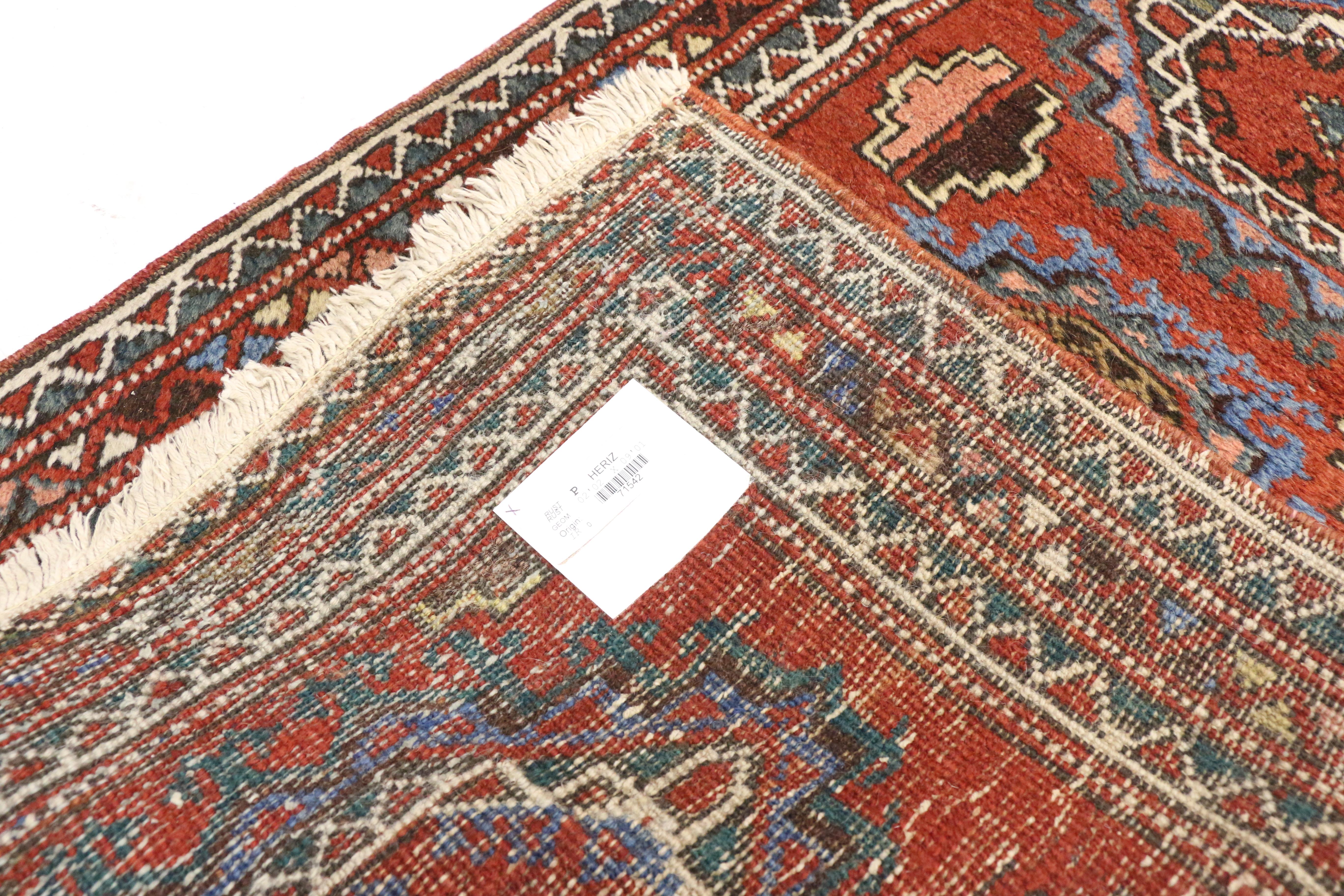 Hand-Knotted Jacobean Style Antique Persian Heriz Runner, Narrow Hallway Runner