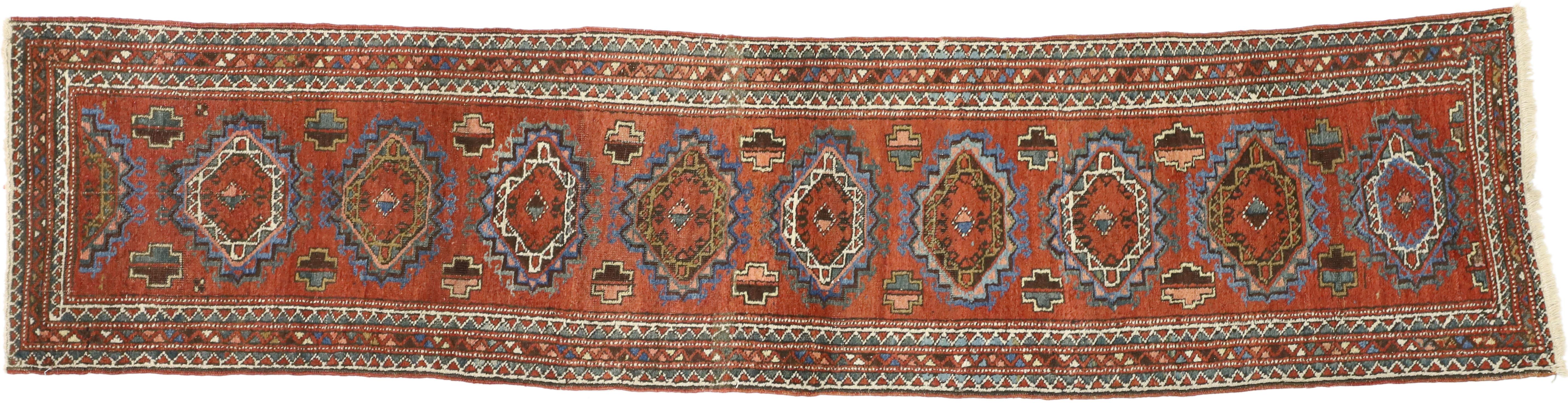 Wool Jacobean Style Antique Persian Heriz Runner, Narrow Hallway Runner
