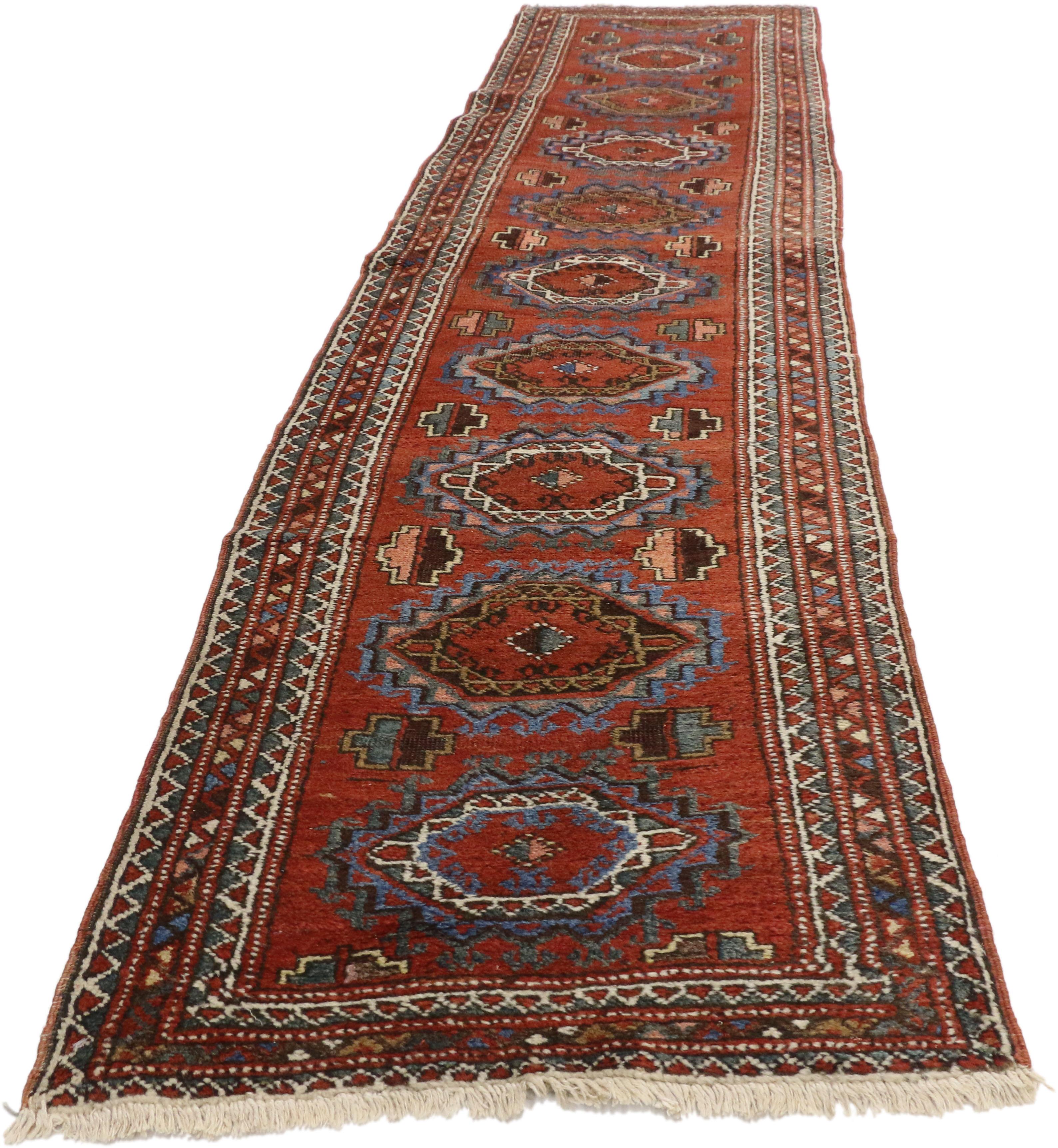 Jacobean Style Antique Persian Heriz Runner, Narrow Hallway Runner 1