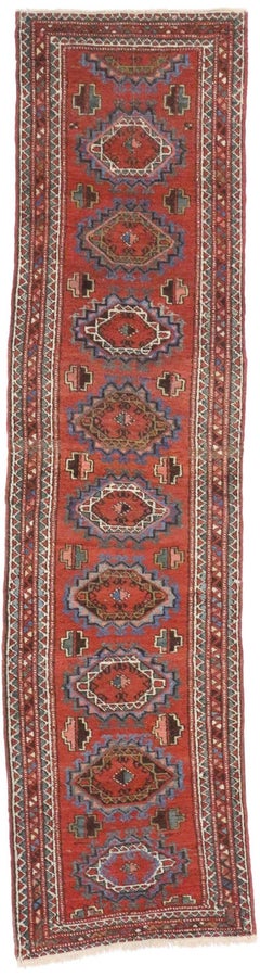 Jacobean Style Antique Persian Heriz Runner, Narrow Hallway Runner