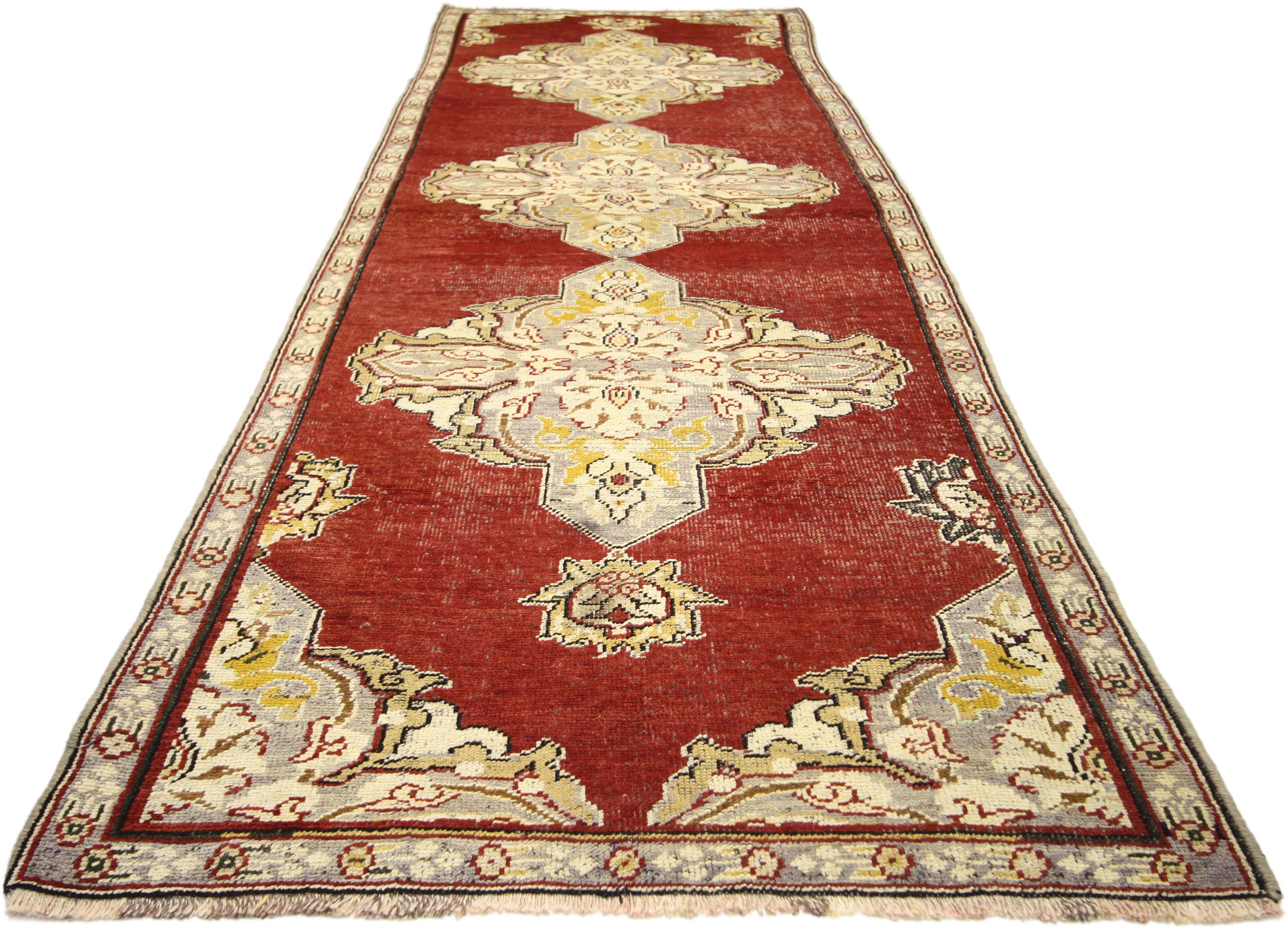 Hand-Knotted Jacobean Style Antique Turkish Oushak Hallway Runner For Sale