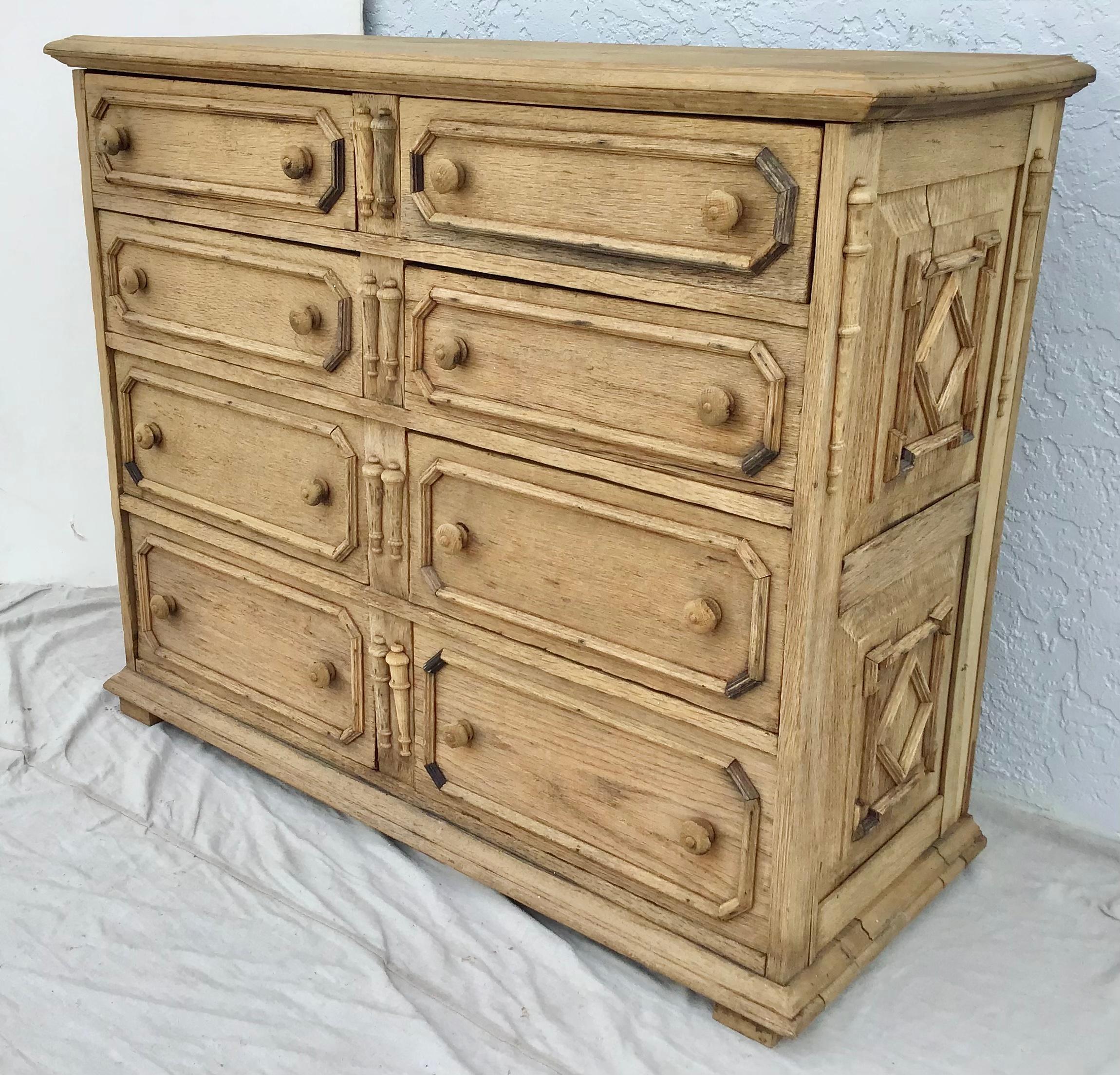 Jacobean Style Bleached Oak Chest In Fair Condition For Sale In Bradenton, FL