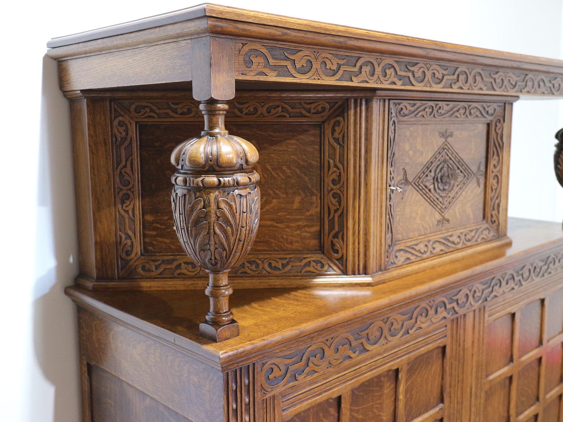 20th Century Jacobean Style Carved Oak Court Cabinet Cupboard For Sale