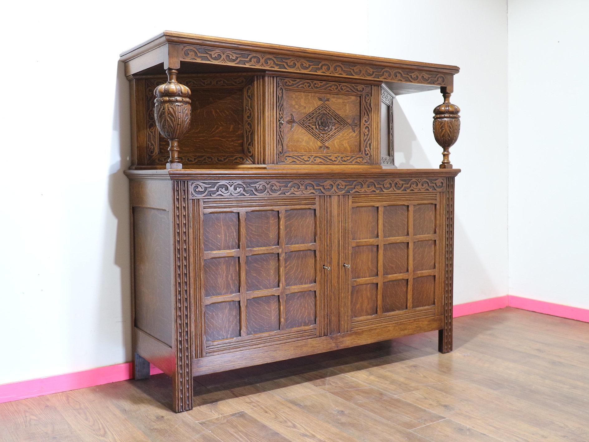 Jacobean Style Carved Oak Court Cabinet Cupboard For Sale 1