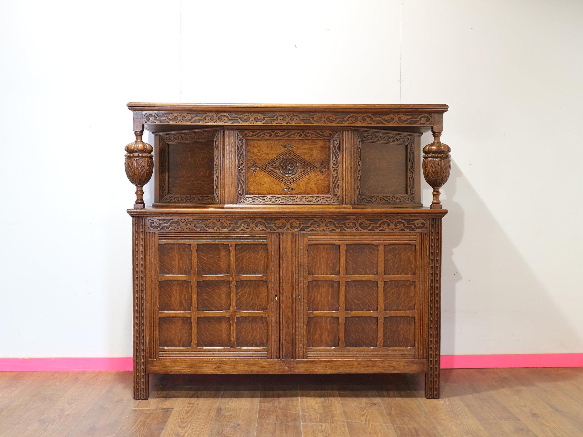 Jacobean Style Carved Oak Court Cabinet Cupboard For Sale 2
