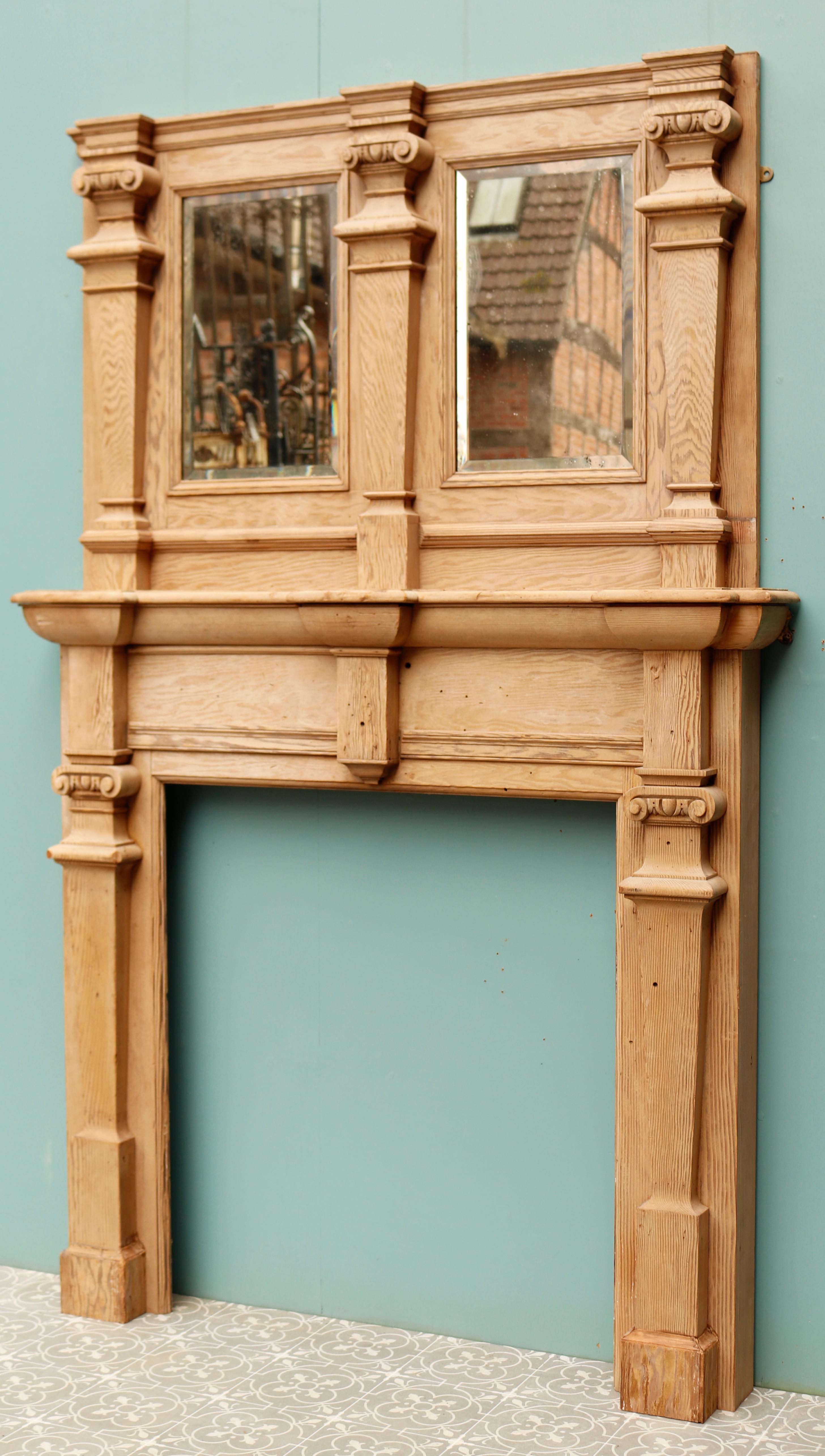 Jacobean style fireplace, with mirrored overmantel. A decorative fireplace, with ‘egg and dart’ moulding, ionic capitals. Two original mirror plates on the overmantel with evidence of light foxing.

Additional dimensions

Opening height 91.5