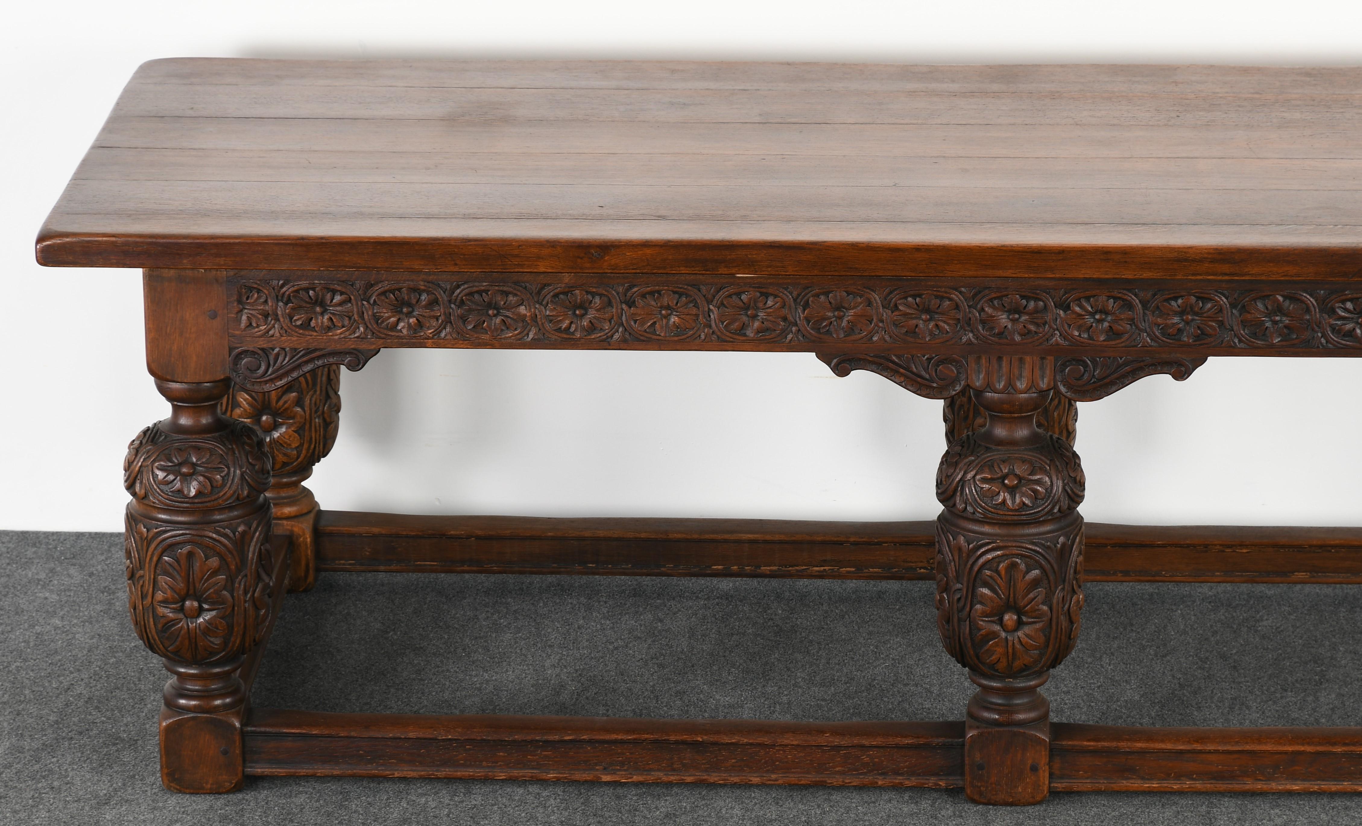A fabulous example of a Jacobean style library table. This solid oak table has an antiqued finish to replicate many years of use. The table has great patina and would look great in many interiors. Could possibly be used as a work or dining