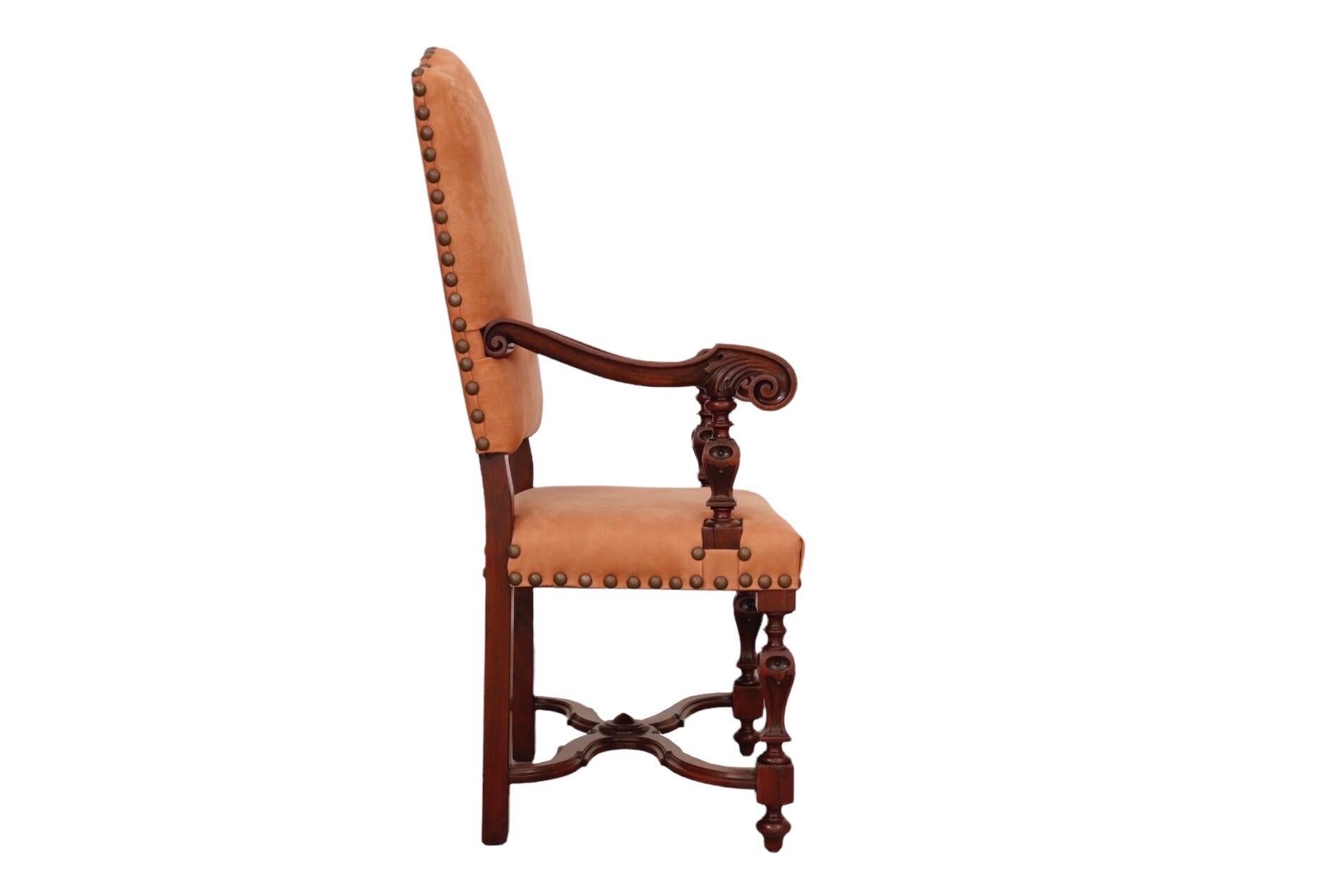 Jacobean Style Mahogany & Leather Armchair In Good Condition For Sale In Bradenton, FL
