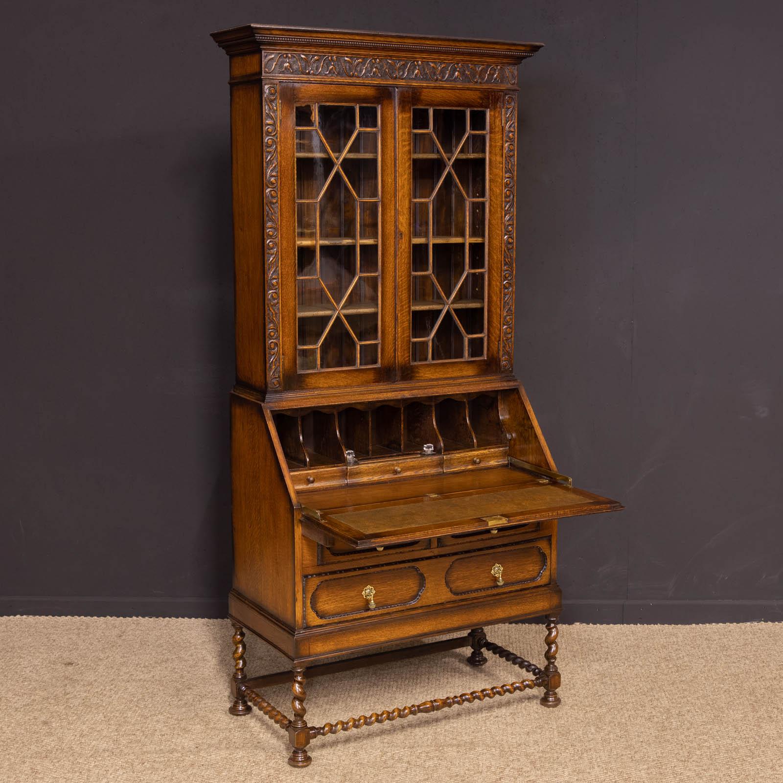 Cast Jacobean Style Oak Bureau Bookcase
