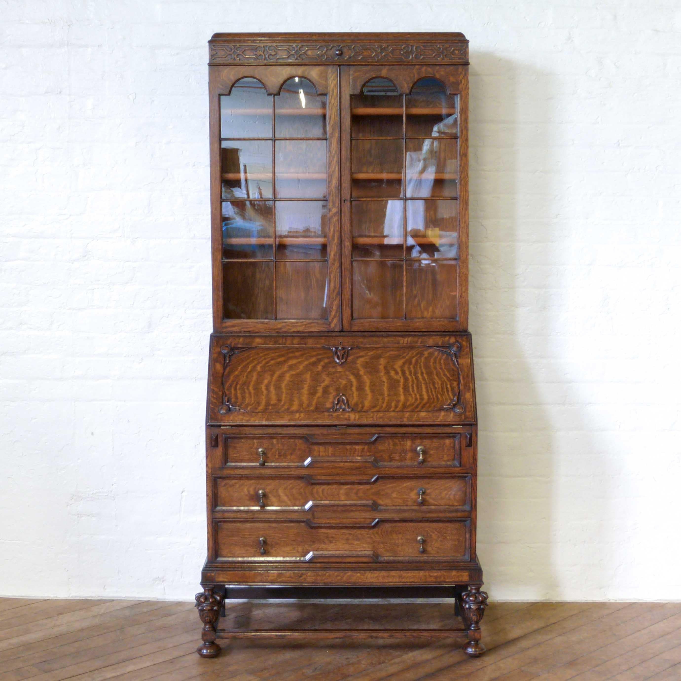 English Jacobean Style Oak Bureau Bookcase